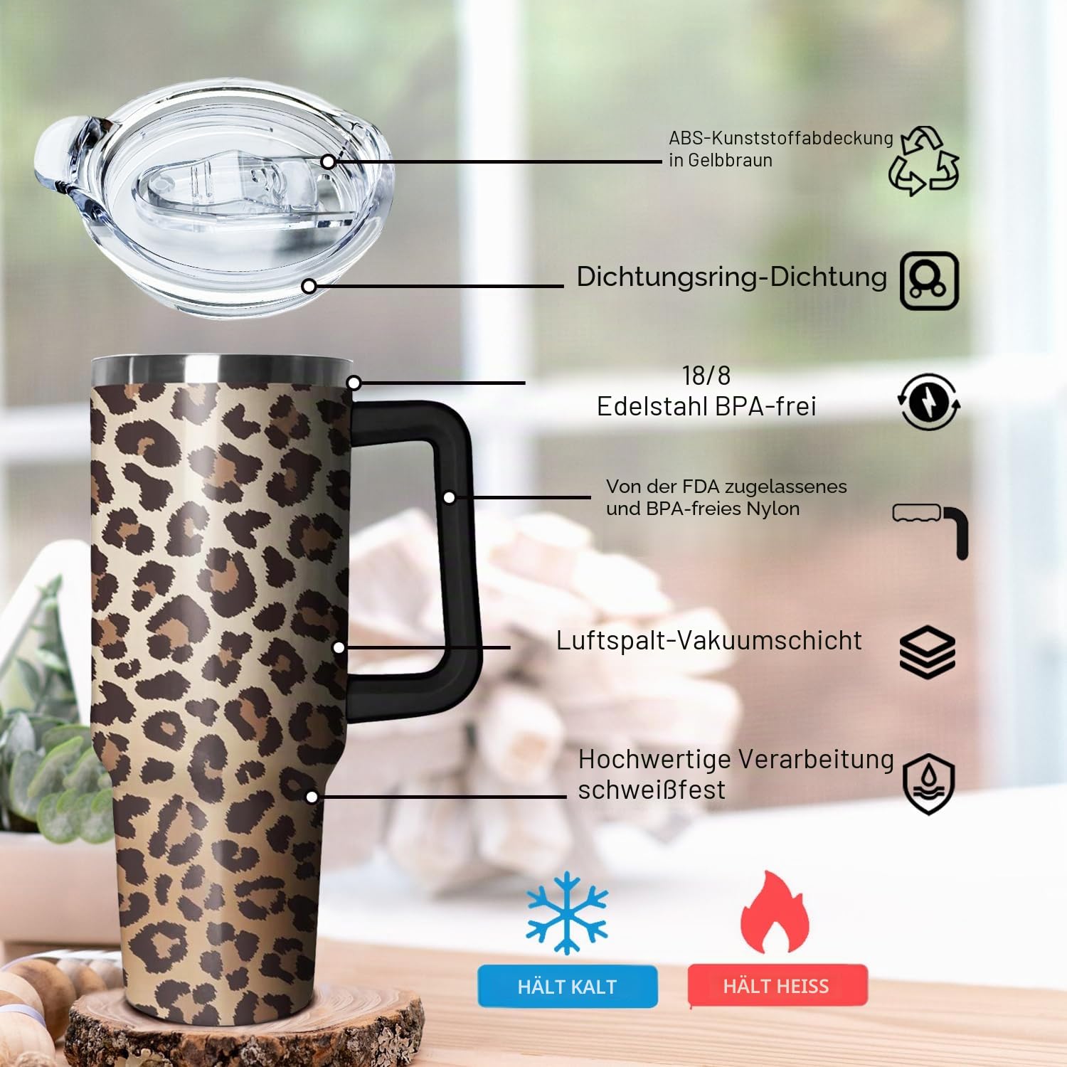 Ceovfoi Becher mit Griff, Leopardenmuster, Reisebecher, Wasserflasche, Dekoration, Geschenke für Frauen, 1,2 l