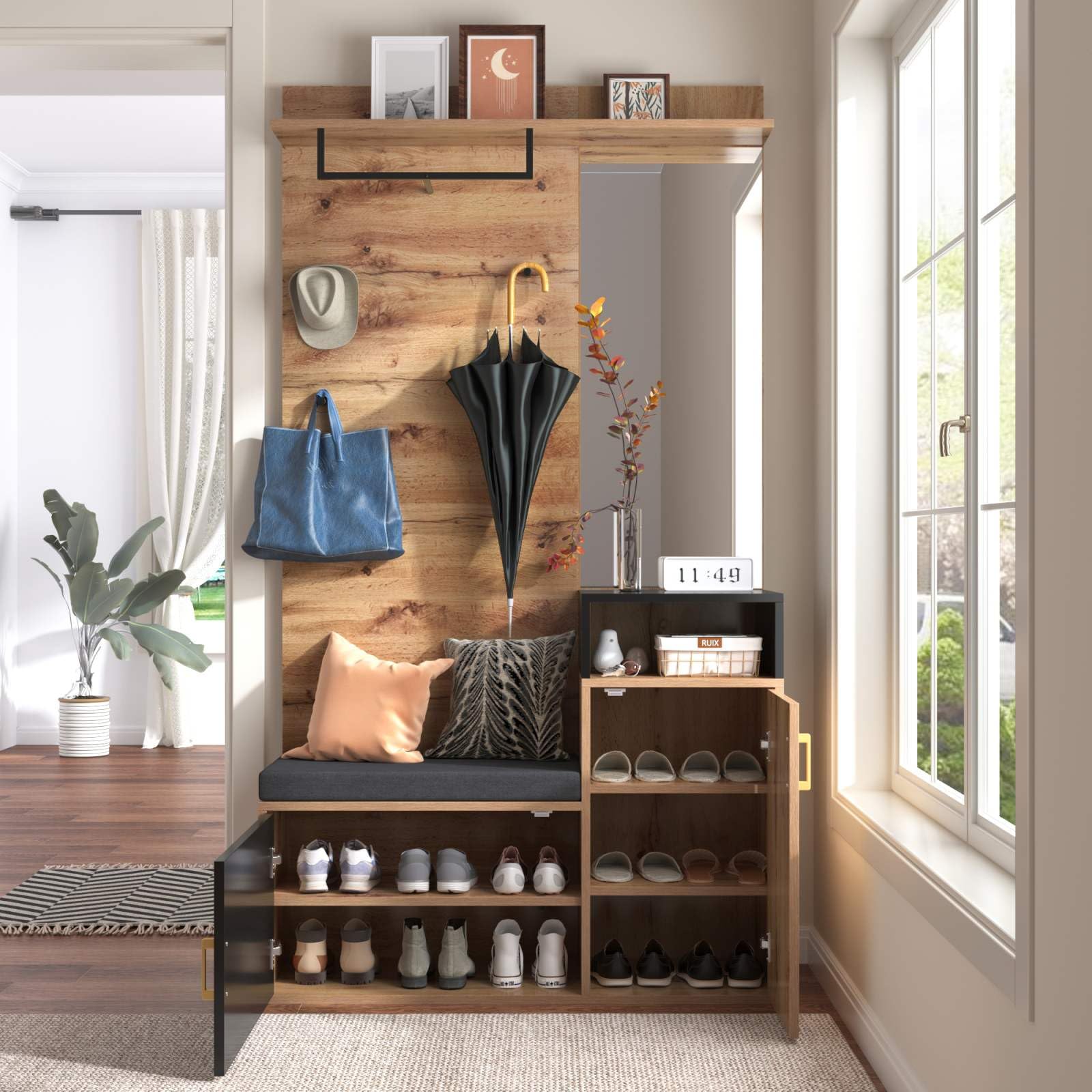 KOMHTOM Buffet à chaussures en grain de bois, armoire de rangement avec crochets, miroir et deux portes, armoire polyvalente pour entrée, couloir, chambre à coucher (C)