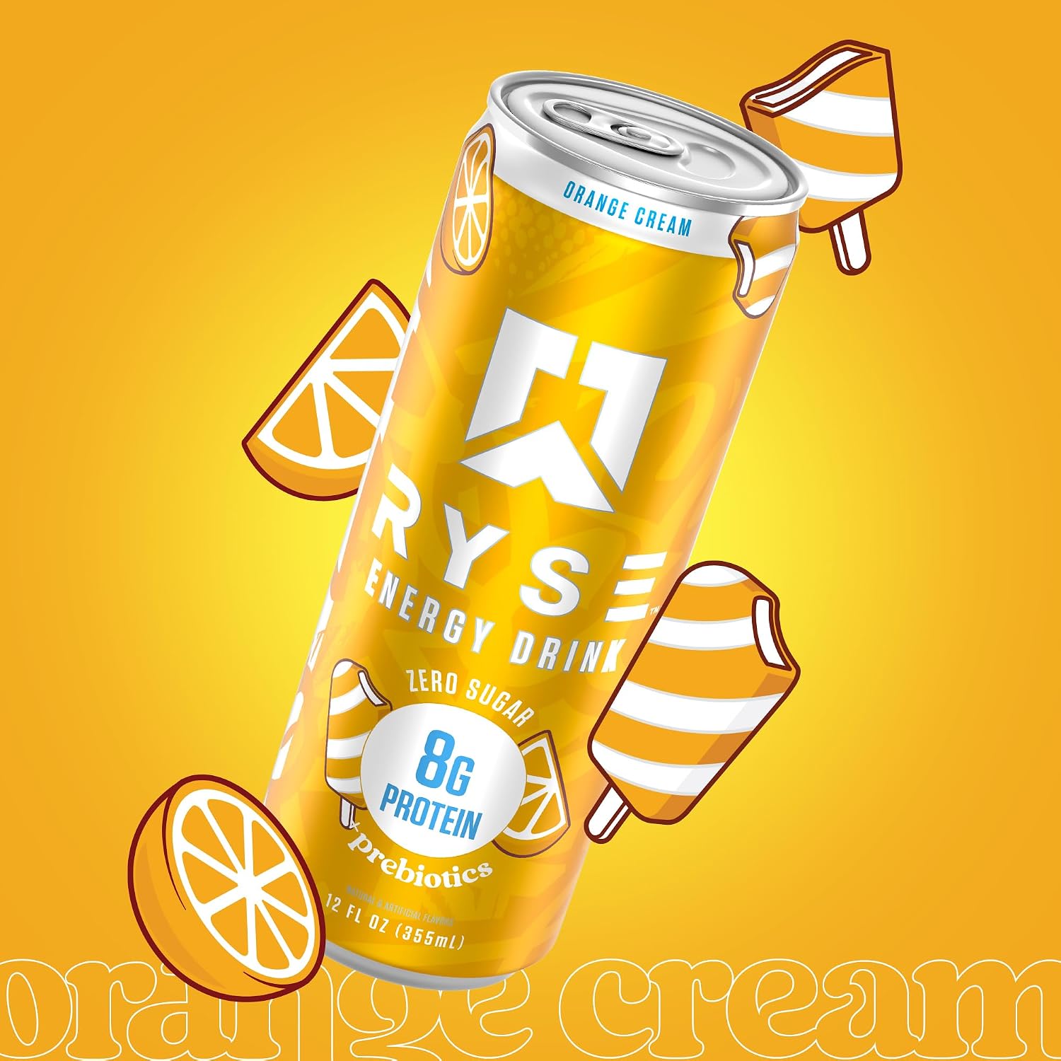 RYSE Functional Energy Drink - Orange Cream - 150mg Natural Caffeine, 8g Whey Protein & 1g Prebiotics - Sugar Free, Gut-Friendly, Bloat-Free - 12 fl oz Cans (12-Pack)