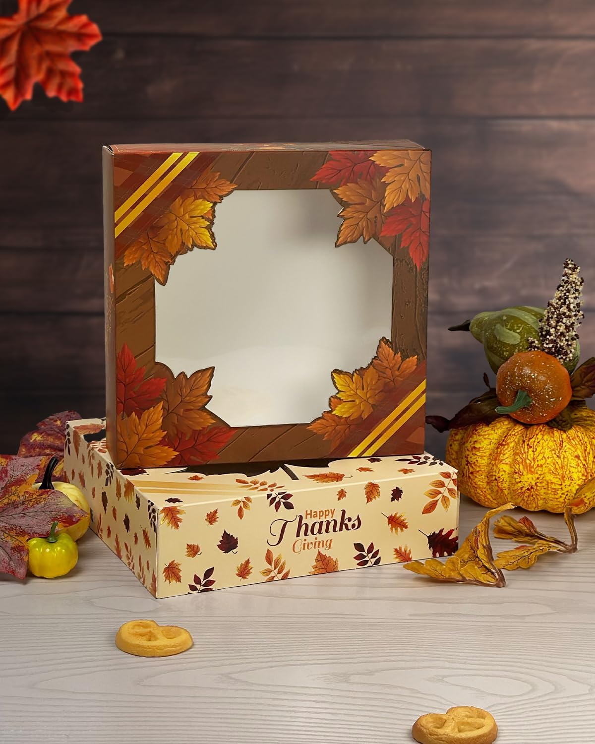 qiqee Pudełka na ciasto na Święto Dziękczynienia z okienkiem 25 x 25 x 6,3 cm 30 opakowań pudełko do pieczenia z ciasteczkami