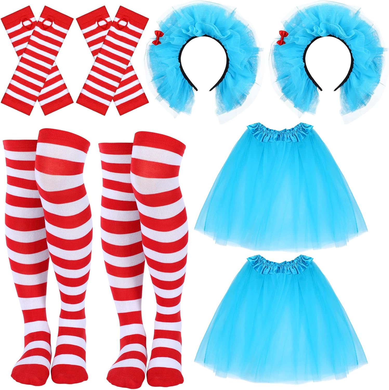 8 Pcs Women Blue Tulle Tutu Costume Set Include Red White Striped Socks Tulle Headbands Arm Warmers for Cosplay - Image 7