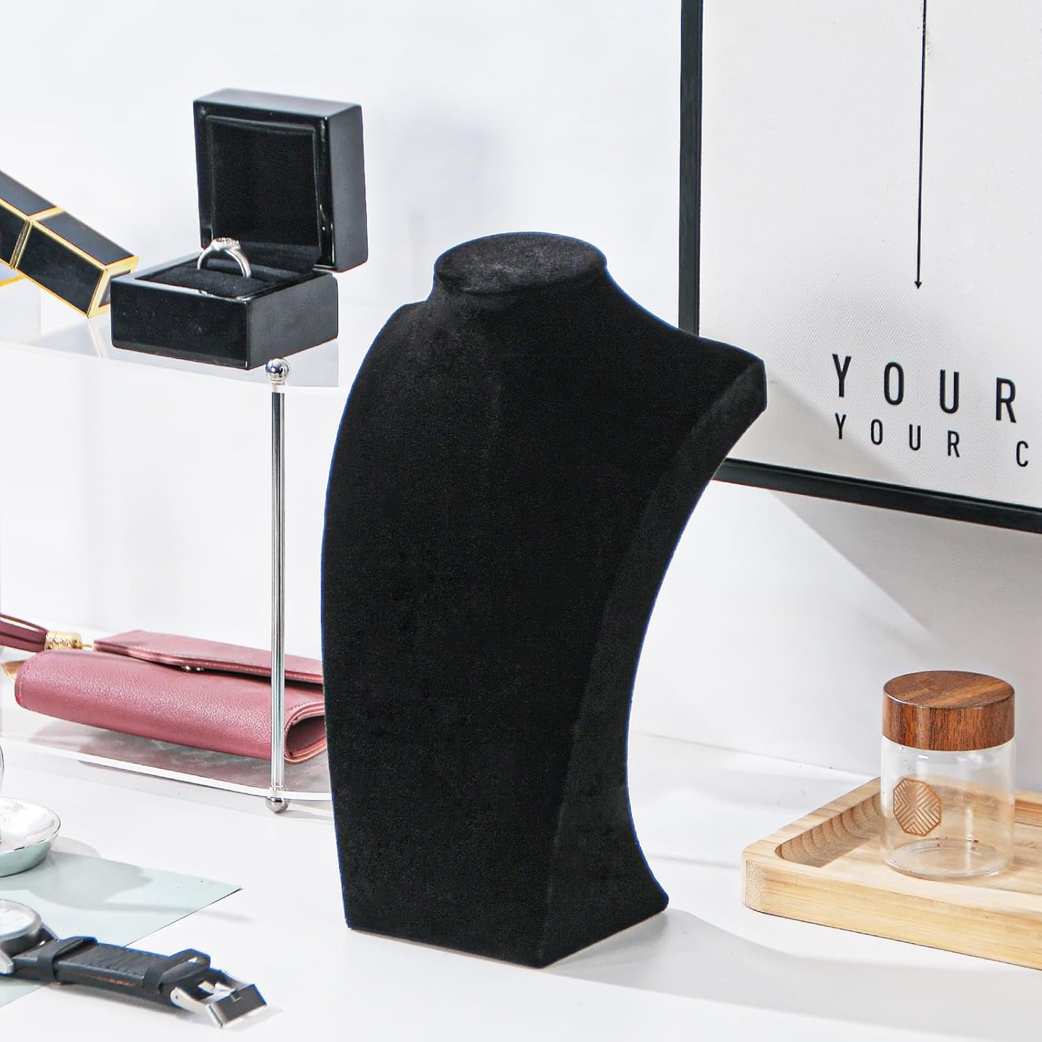 Necklace Bust Display Stand, Black Velvet Necklace Display Holder, Jewelry Necklace Organizer Rack for Home Use or Shop Show (9" Height) - Image 5