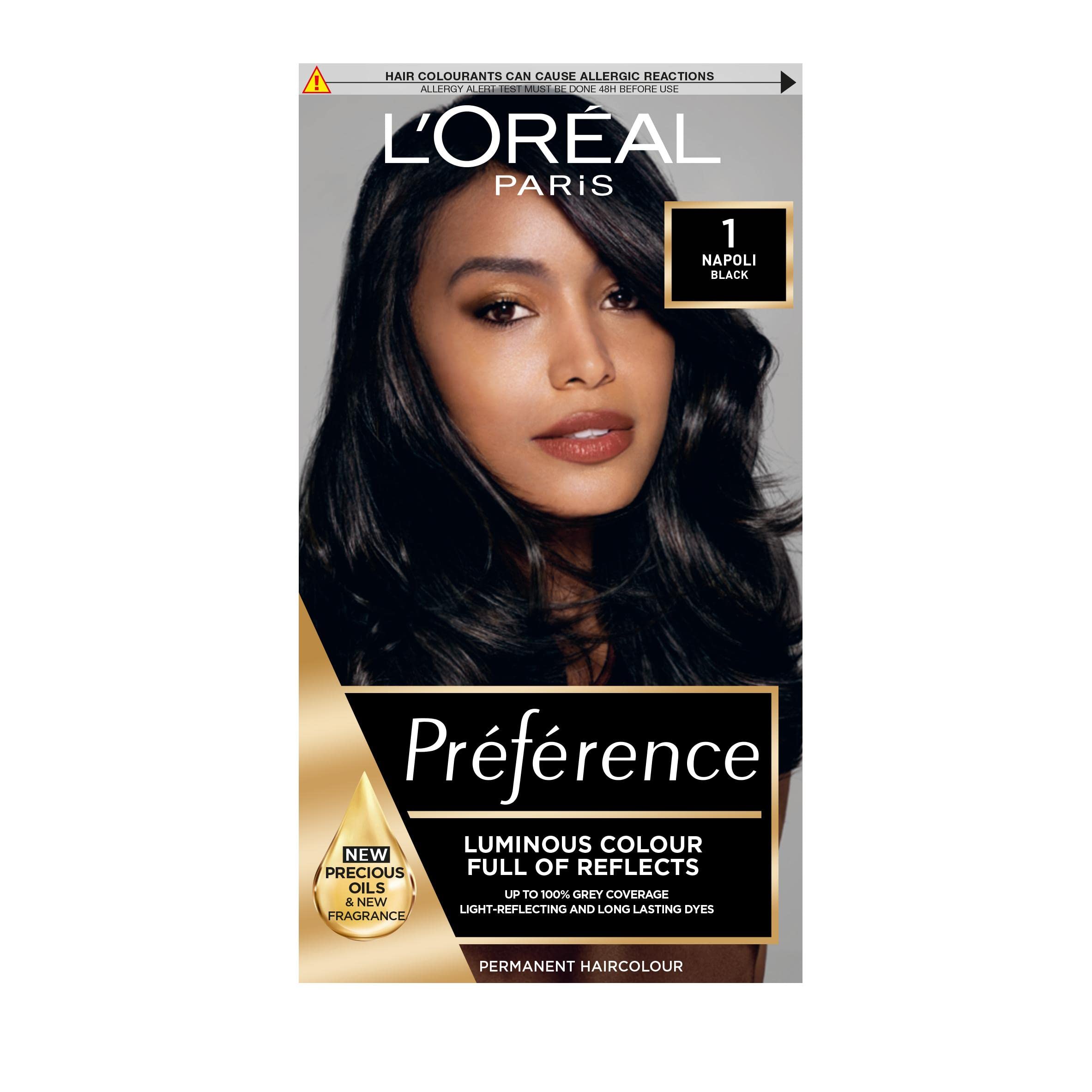 L'Oreal Paris Preference Hair Dye, Luminous Permanent Rich Hair Colour, Long Lasting Brilliance, Achieve Radiant, Salon-Inspired Results, Shade: 1, Napoli
