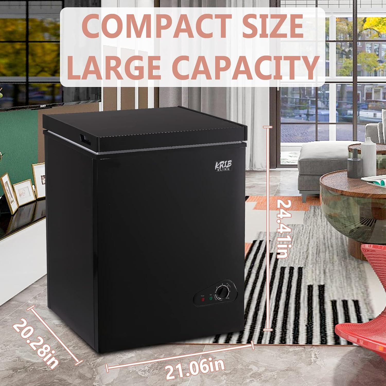 Krib Bling 3.5 Cu.Ft Compact Chest Freezer with dimensions 20.28'' x 21.06'' x 24.41'' shown in a modern room setting.