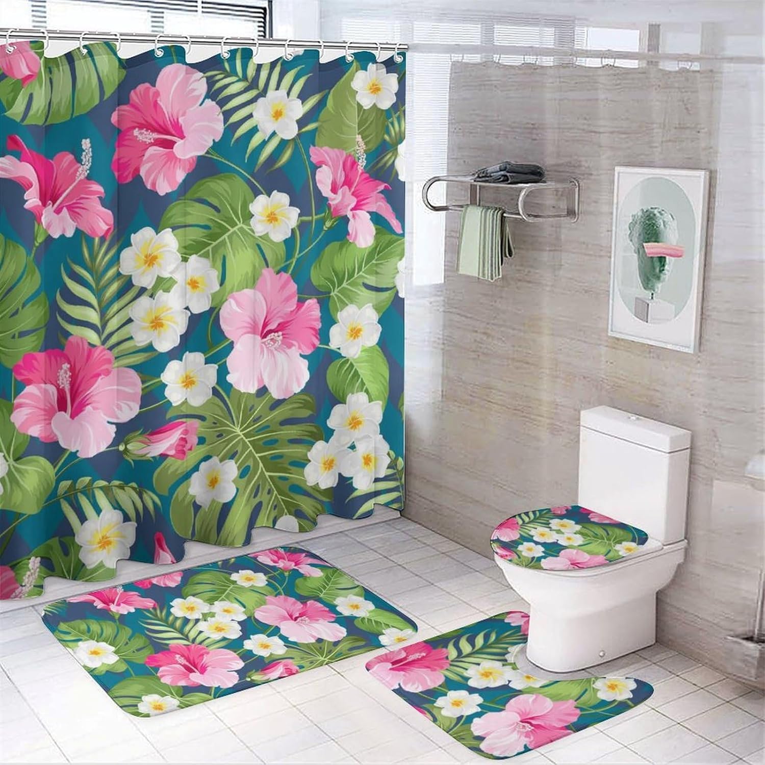Rideau de douche anti-éclaboussure bohème floral et ensemble de tapis de bain doux