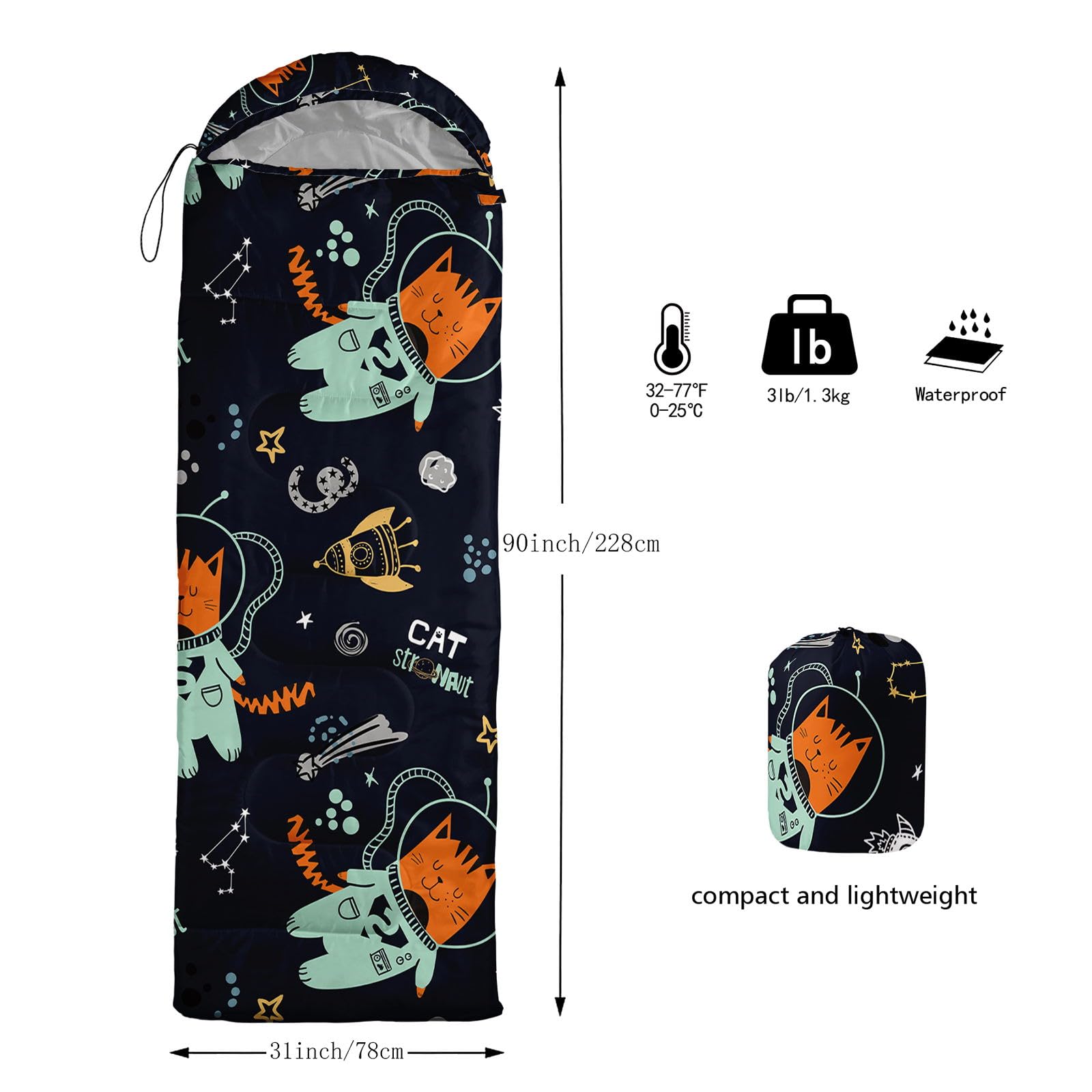 HOSIMA Kids Sleeping Bag for Boys Girls,Cat Astronaut Rocket Print-Lightweight Warm Portable Outdoor Indoor-Waterproof Cold Weather Resistant Sleeping Bag for Camping Hiking(Cat Astronaut) - Image 3