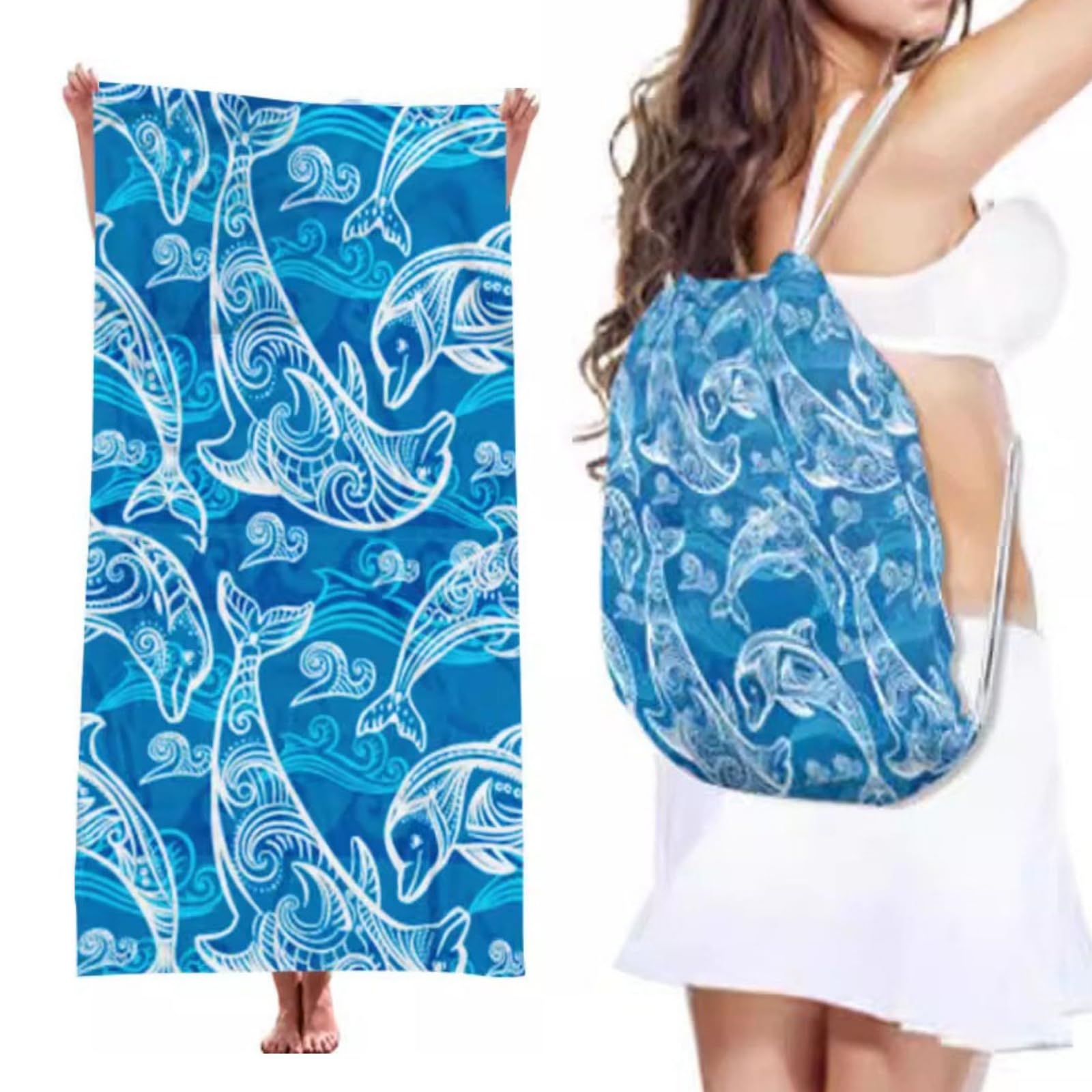 Treer Beach Towel That Turns Into a Bag, 3D Large Microfibre Beach Towels for Adults 2 in 1 Lightweight for Sun Loungers, Travel, Summer, Swimming, Gym, Sports, Yoga (70 * 140cm,Blue dolphins)