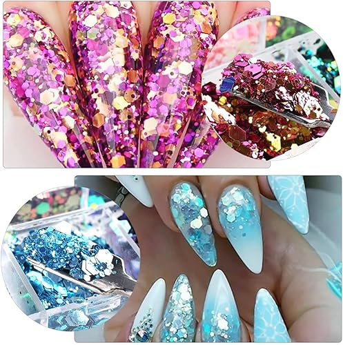 Miniatura 4 de Lentejuelas hexagonales gruesas con purpurina holográfica en polvo de sirena en escamas brillantes para arte de uñas, lentejuelas iridiscentes,