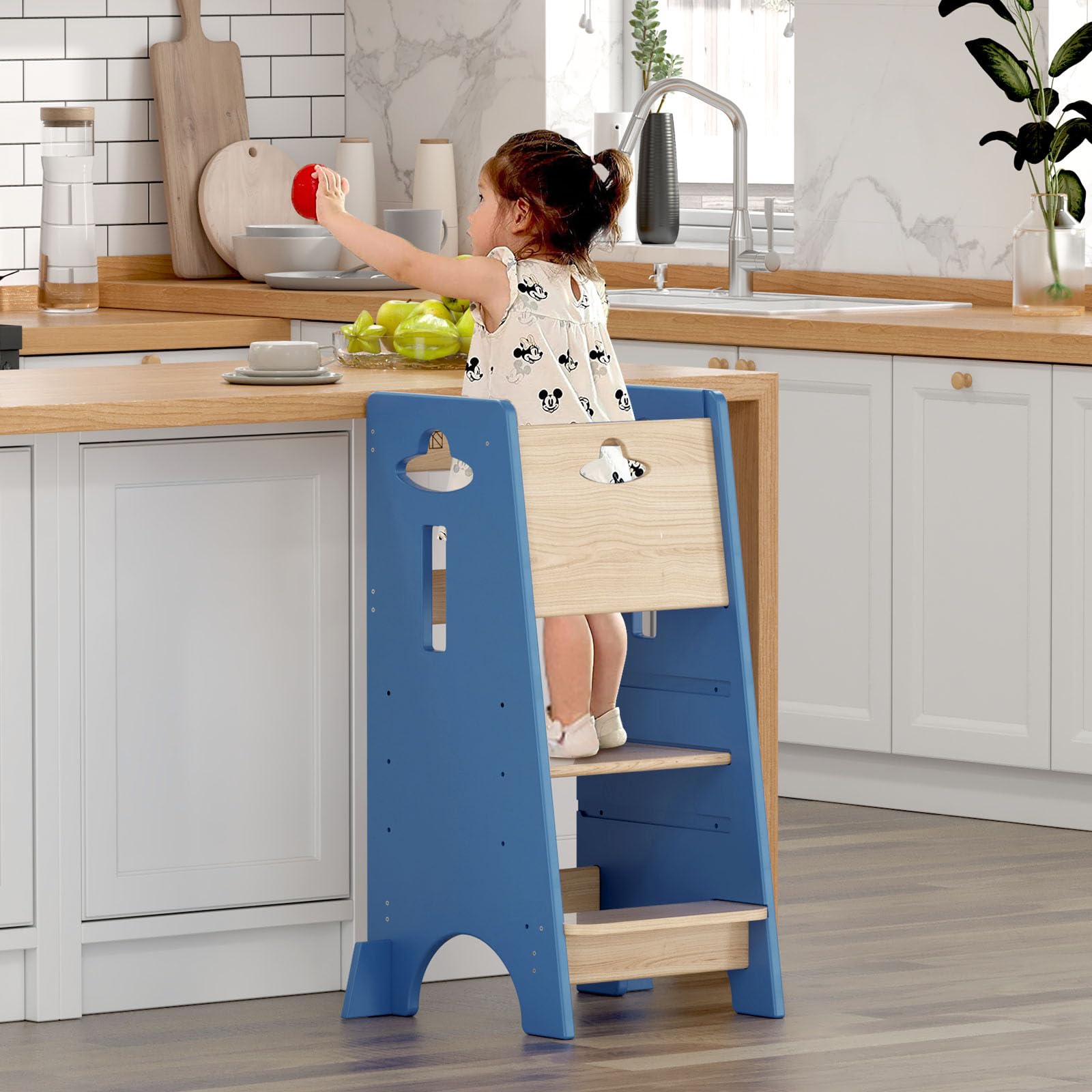 COSYLAND Toddler Standing Tower Adjustable Height - Super Stable Kids Kitchen Stool Helper - 3 Levels Adjustable Wooden Toddler Kitchen Stool (Natural & Navy Blue)