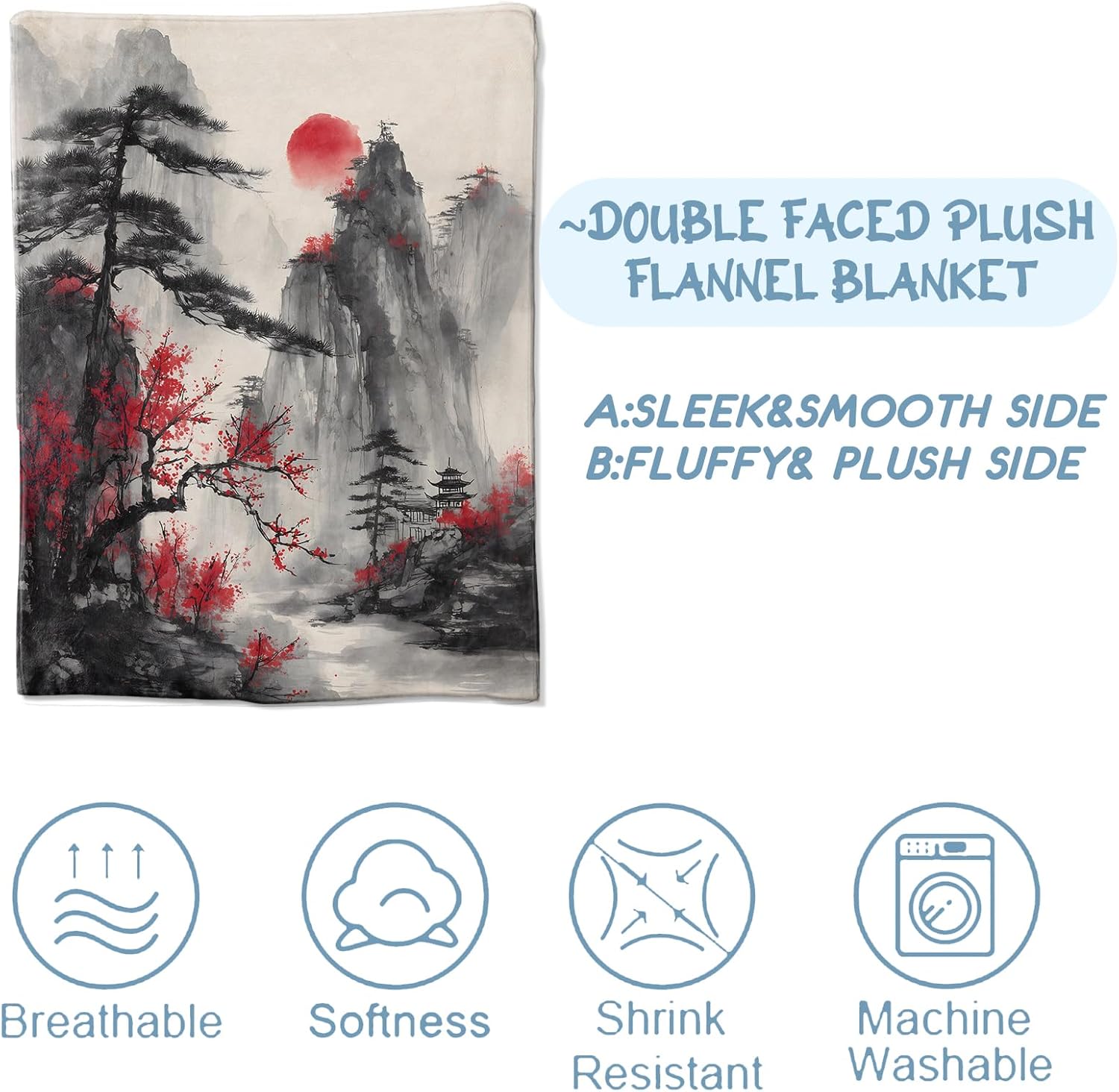 Mountain Landscape Blanket,Gifts for Nature Lovers,Lightweight Flannel Throw Blankets,Red Sun Blossom and Tree Throws Oriental Ink Style Home Decor,for Couch Living Room Office,60x50inch