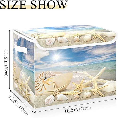 Miniatura 2 de DIGTIA Contenedores de almacenamiento de concha de mar con tapas grandes y plegables con asas, maravillosa caja de almacenamiento plegable de tela