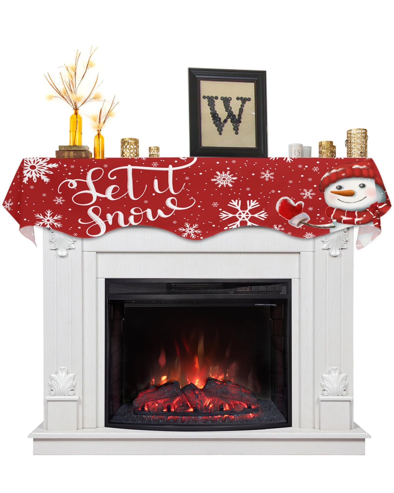 Falaniique Snowman Fireplace Mantel Scarf Cover, Mantel Shelf Top Scarf Runner for Christmas Halloween Thanksgiving Fall Indoor Decorations Red White