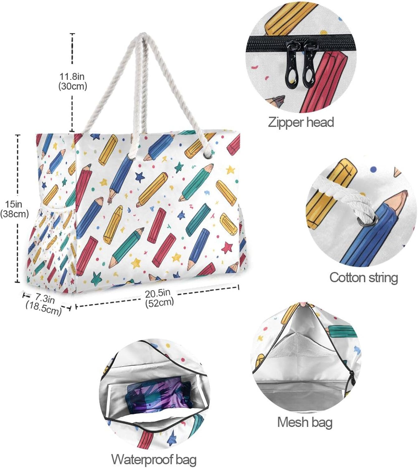 OTVEE Hand-drawn Pencils Pattern Beach Bags for Women Ladies Large Canvas Tote Shoulder Bag Waterproof Travel Bags for Gym Swim Pool Camping