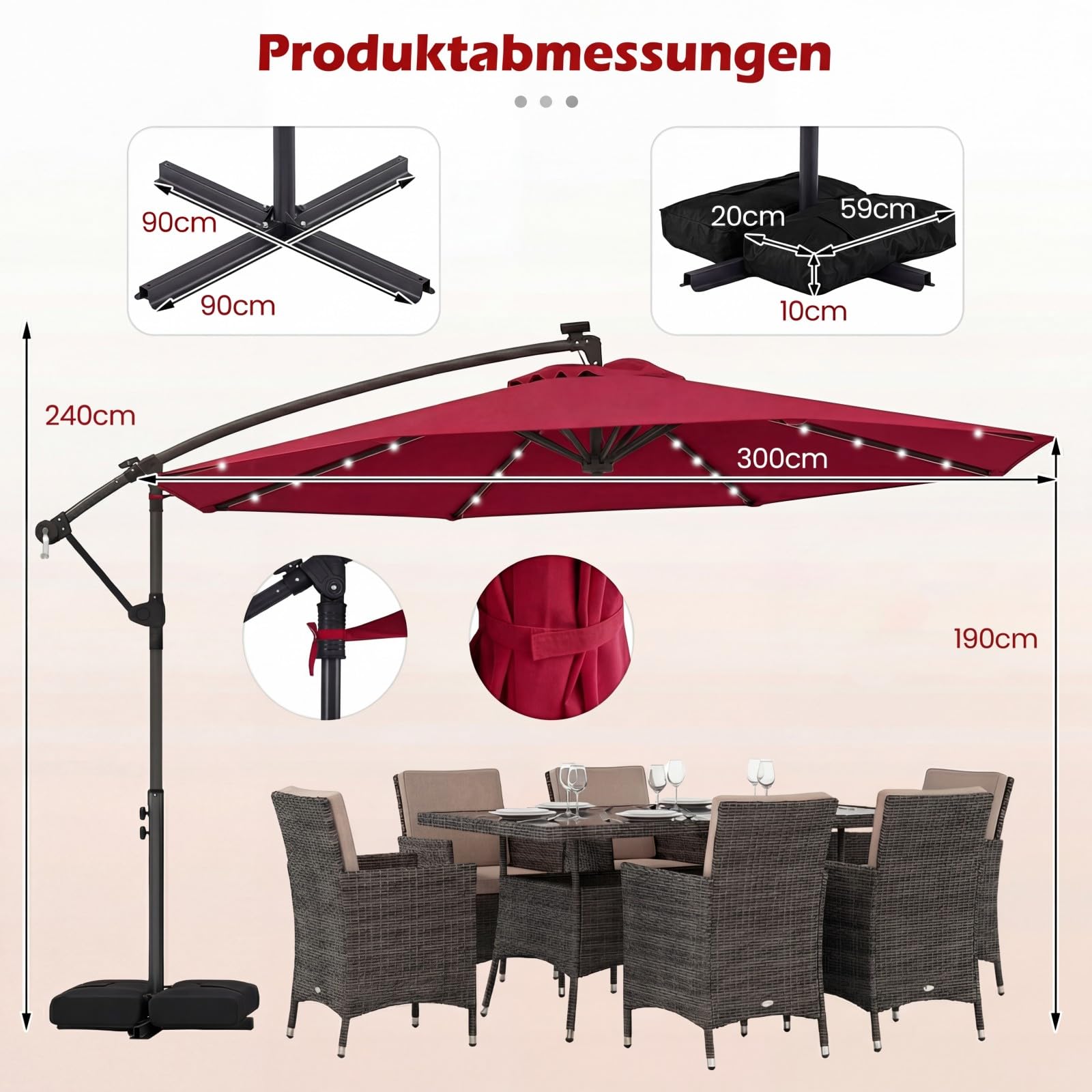 COSTWAY Sonnenschirm mit Ständer und LED-Leuchten, 300 cm Ampelschirm mit Kurbel, Gartenschirm, 360° drehbar, Marktschirm, Terrassenschirm für Garten, Terrasse, Pool (Weinrot)