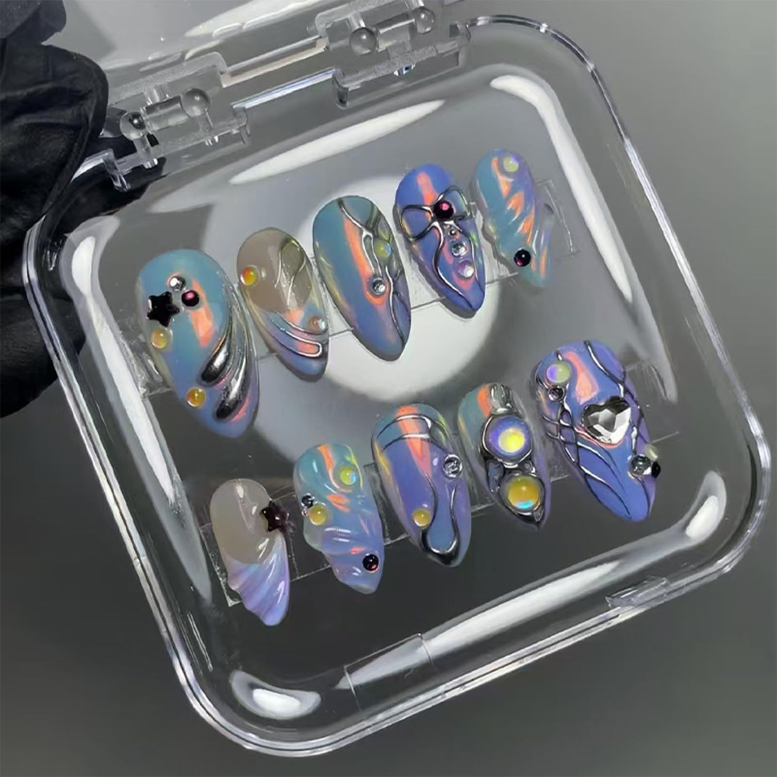 24Pcs French Tip Press on Nails Medium Almond Fake Nails with Colorful Ripple Design 3D Star Heart Charms False Nails Rhinestones Glitter Glue on