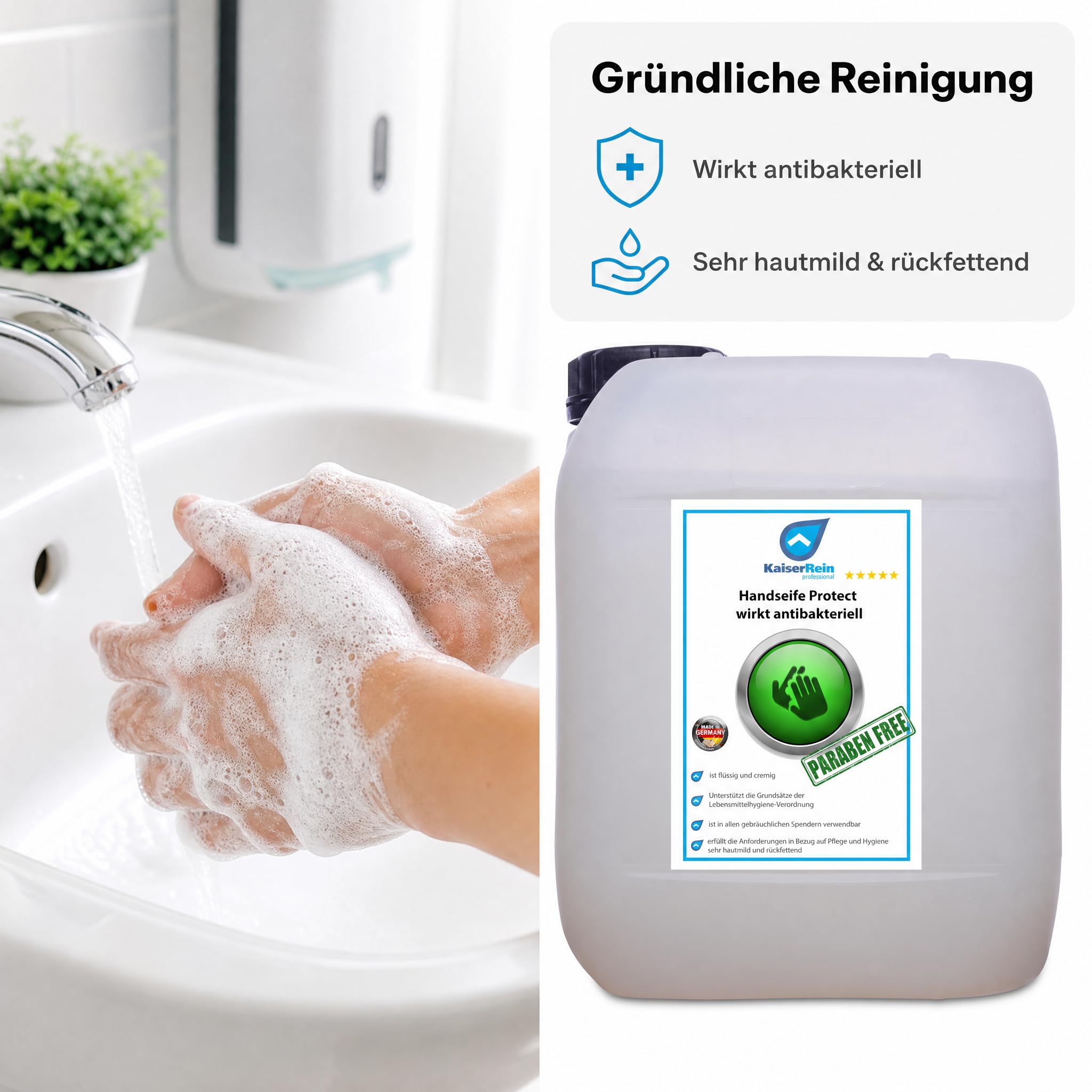 KaiserRein Handseife Protect, Flüssigseife 10 L Kanister, antibakterielle Wirkung, parabenfrei, hautmild & rückfettend, Nachfüllseife für Spender, Made in Germany