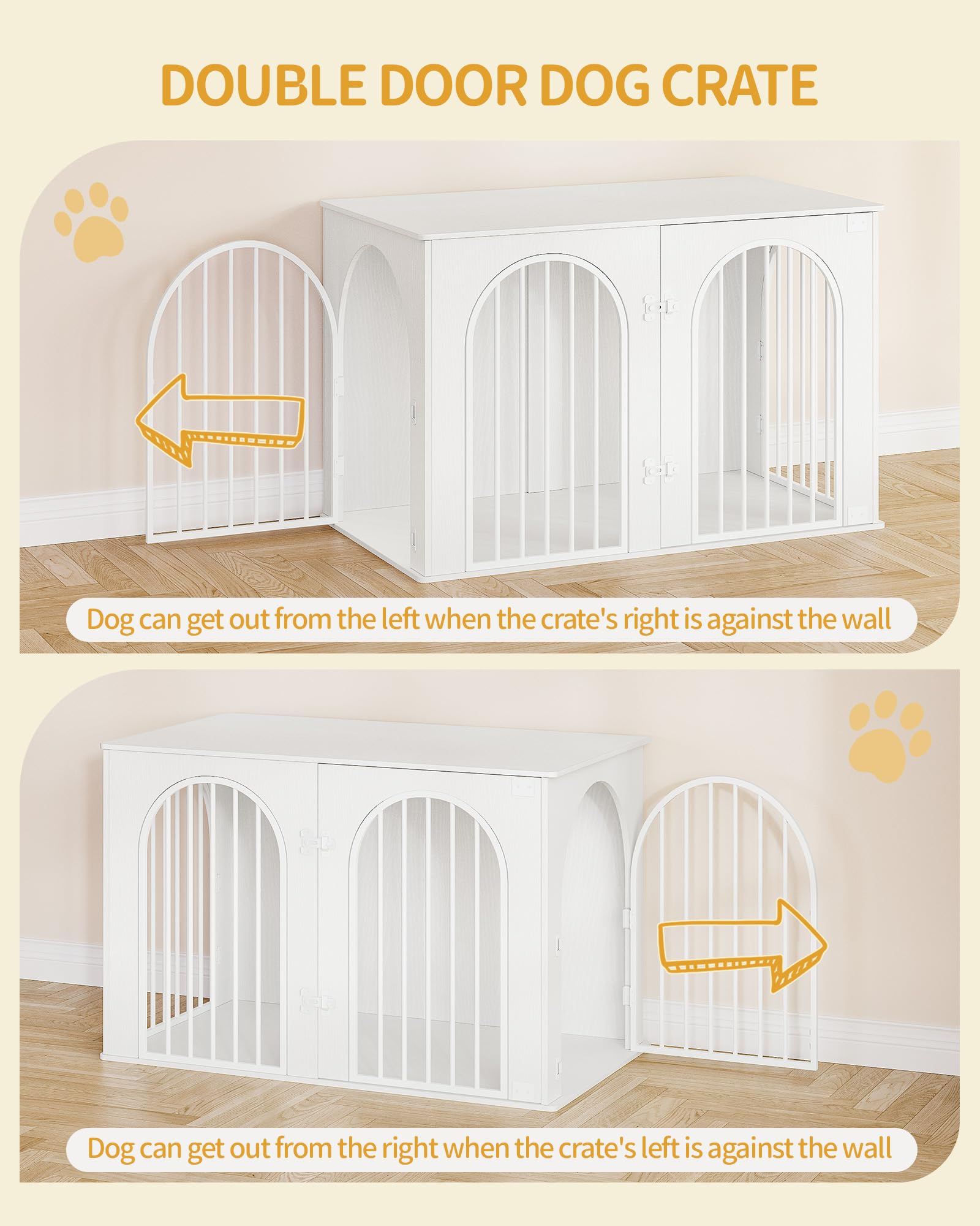 Hzuaneri 108 cm Jaula para Perros, Mesa Auxiliar, Casa Moderna para Perros, Jaula Perro Grande para Casa de Madera, Dúplex para Animales, 3 Puertas, Puerta Arqueada, 64 x 108 x 76 cm, Blanco