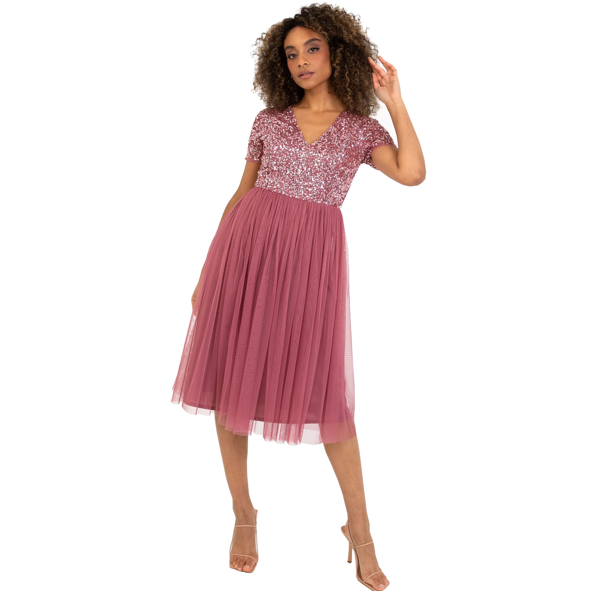 Maya Deluxe Women's Desert Rose Embellished Midi Evening Dress V Neckline With Short Sleeve For Prom Wedding Bridesmaid, 12