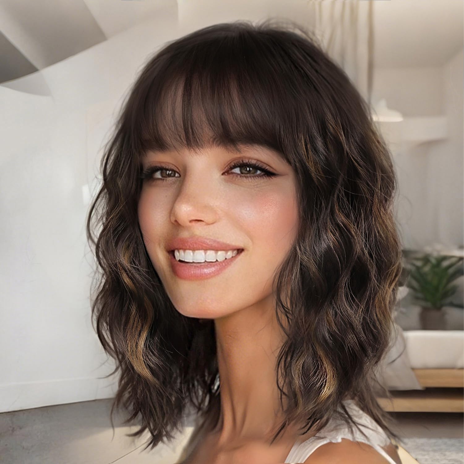 Amazon.com : Nnzes Wig with Bangs for Women Shoulder Length  display picture 3
