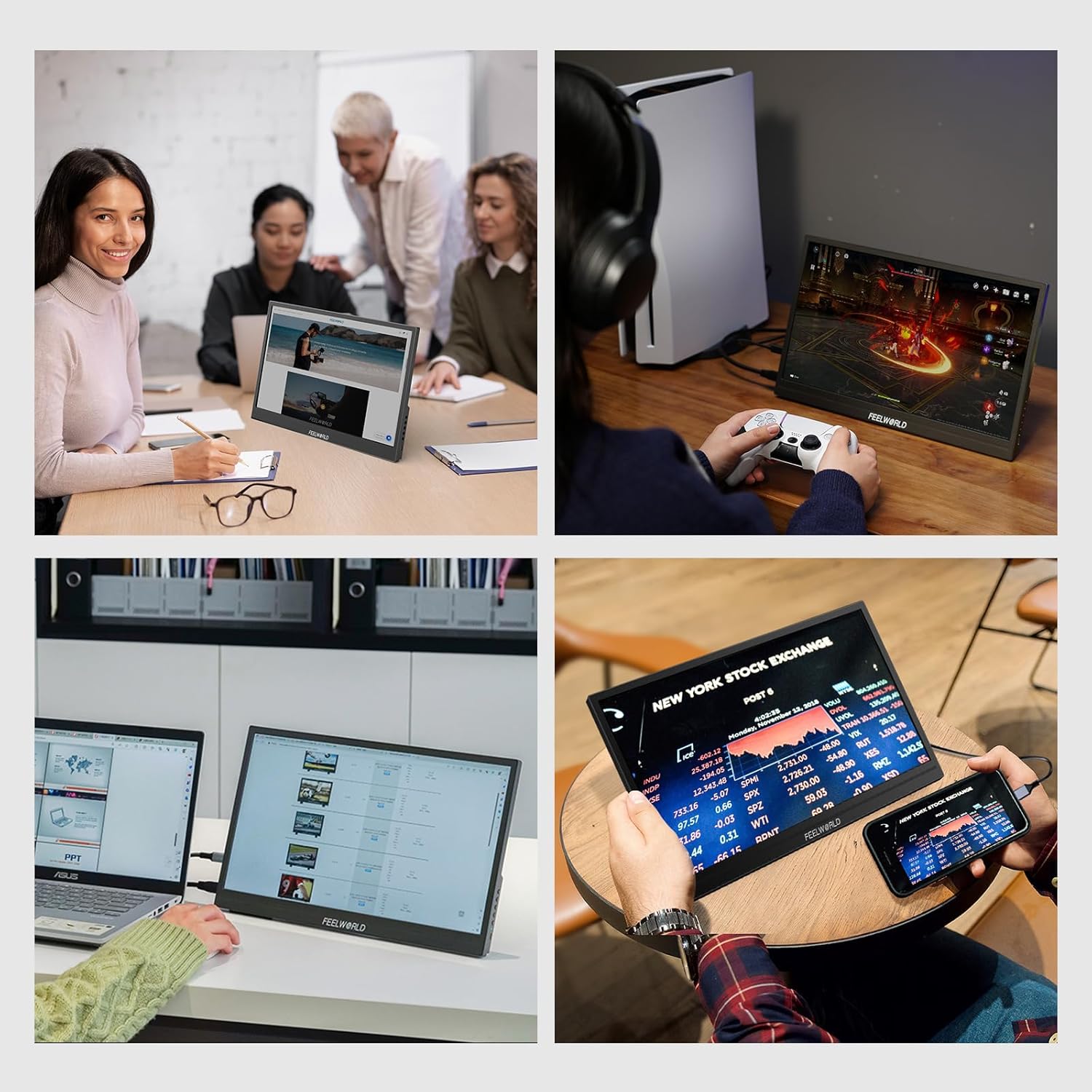 Image showing the accessories included with the FEELWORLD DH156 monitor: Type-C power cable, Type-C data cable, Mini HDMI cable, and the user manual.