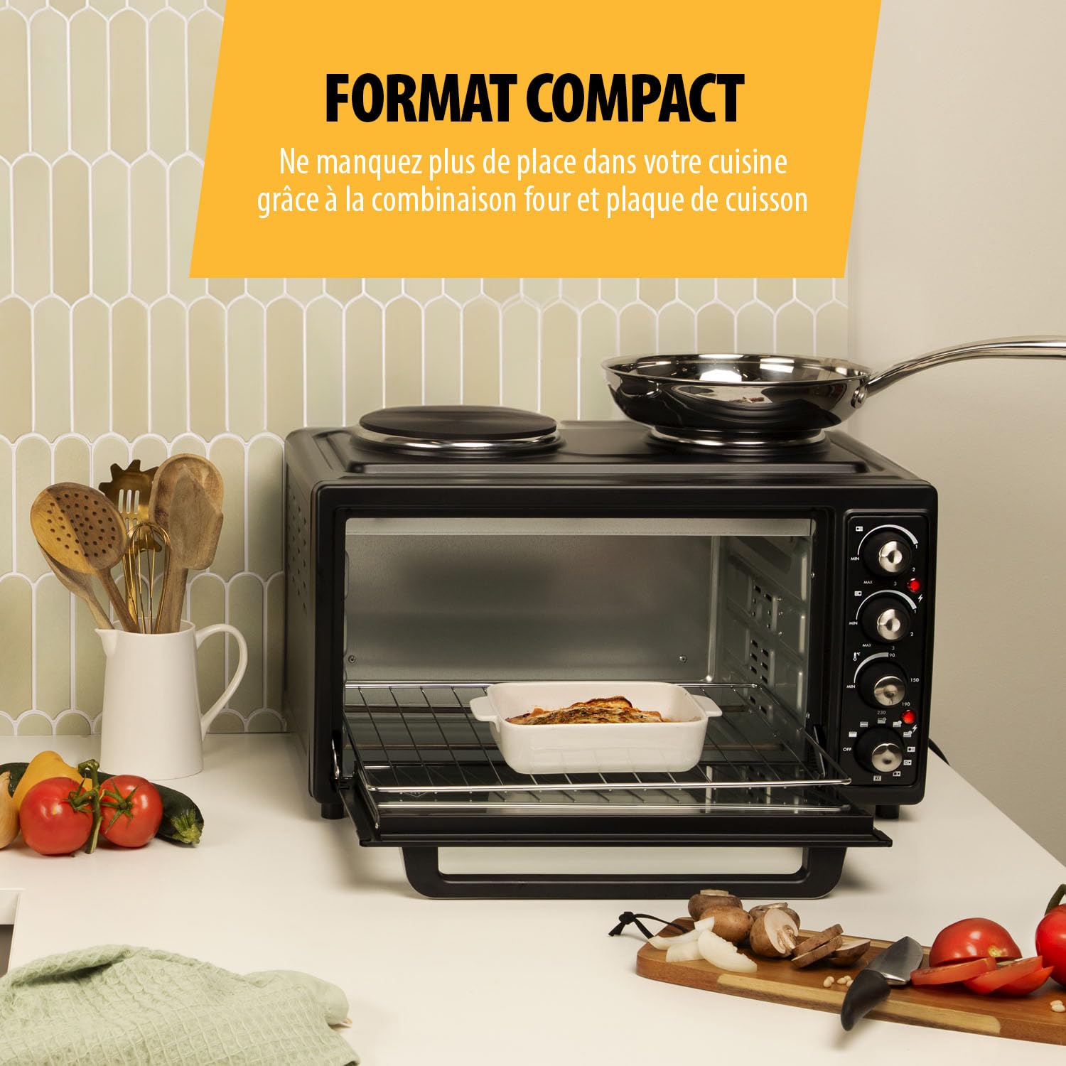 Tristar Four à convection avec 2 plaques chauffantes, Capacité : 38 L, 3100 W, Plaque de cuisson et gril, 90-230 ⁰C, adapté pour le camping, OV-1442, Noir