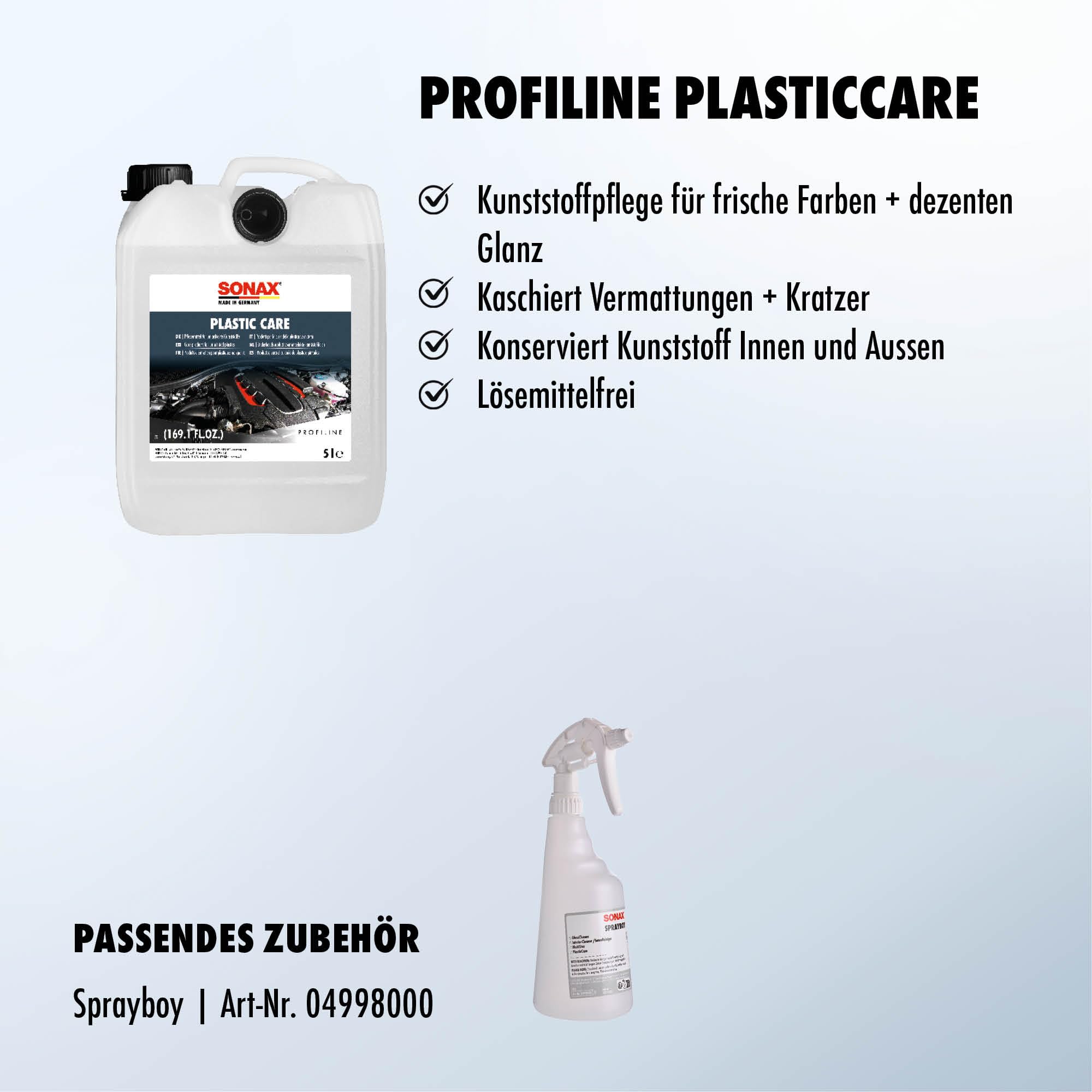 SONAX PlasticCare (5 Liter) | Kunststoffpflege zur Farbauffrischung Kaschierung von Vermattungen und Kratzern.