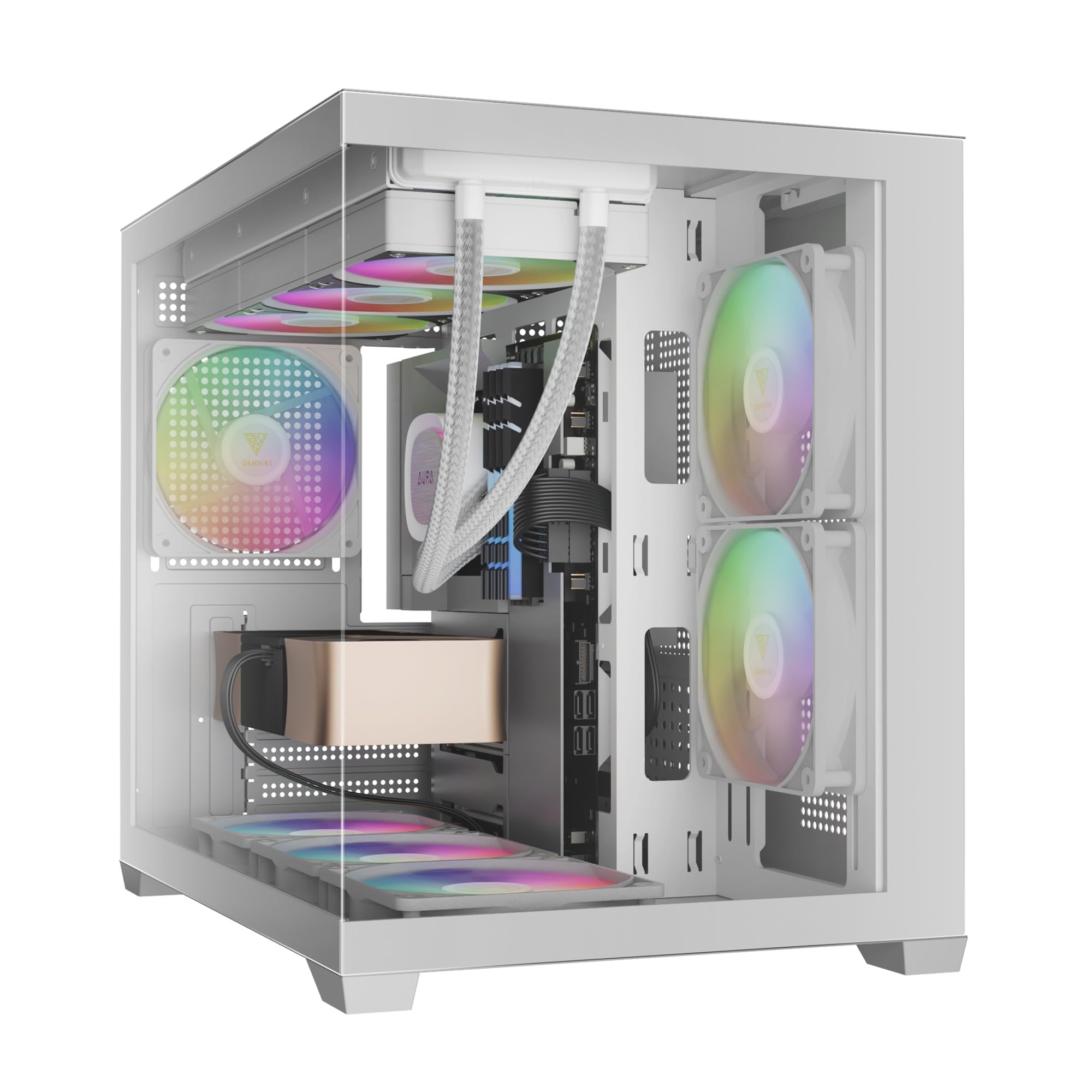 GAMDIAS Aura GC10M WH ARGB M-ATX Micro Tower PC-Gehäuse, Nahtloses Seitenteil aus Gehärtetem Glas, 3 Integrierte 120-mm-ARGB-Lüfter, Werkzeuglose Montage, Magnetischer Staubfilter, Weiß