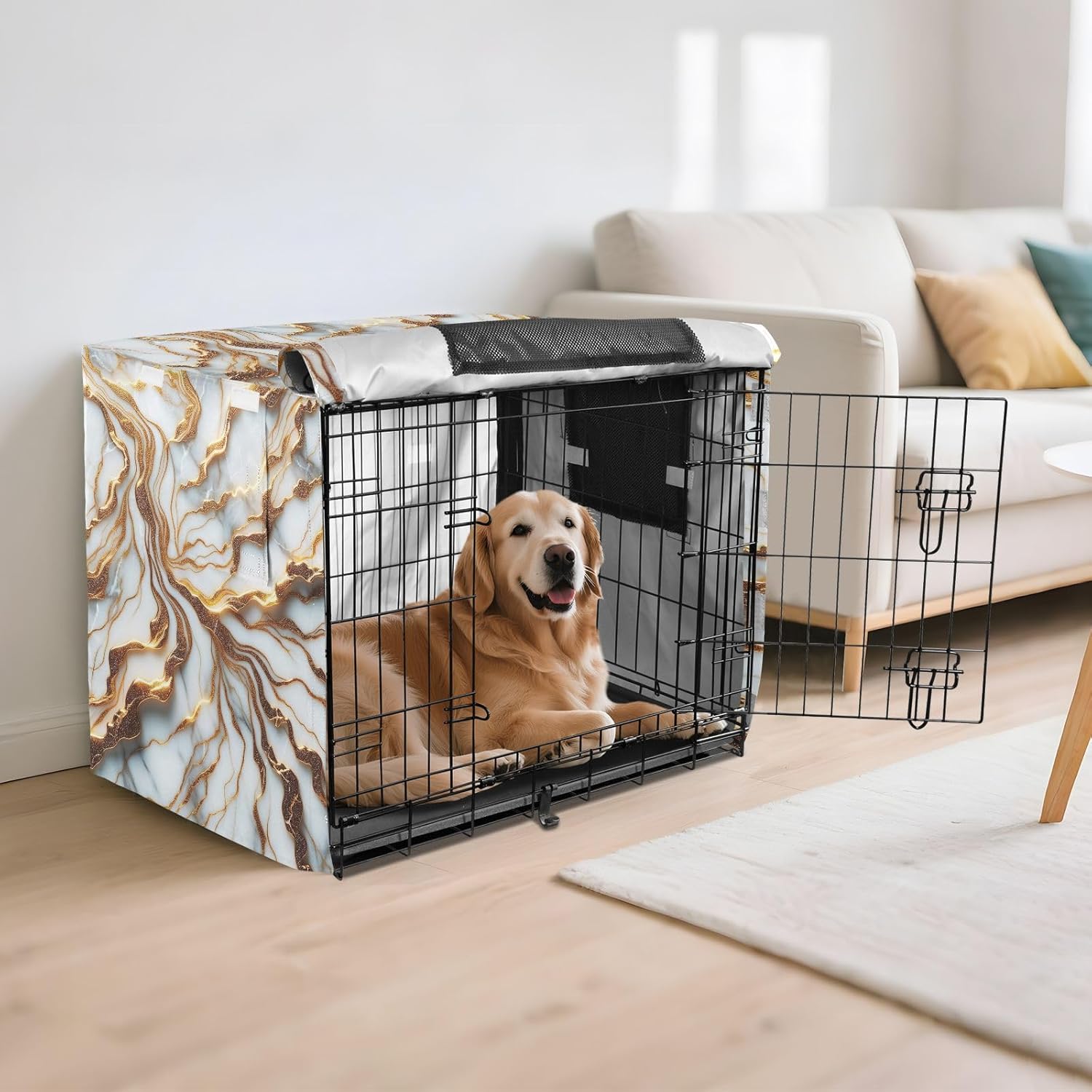 White Marble Gold Veins Pet Crate Cover with Roll-up Sides, UV-Resistant Dog Create Cover, Large