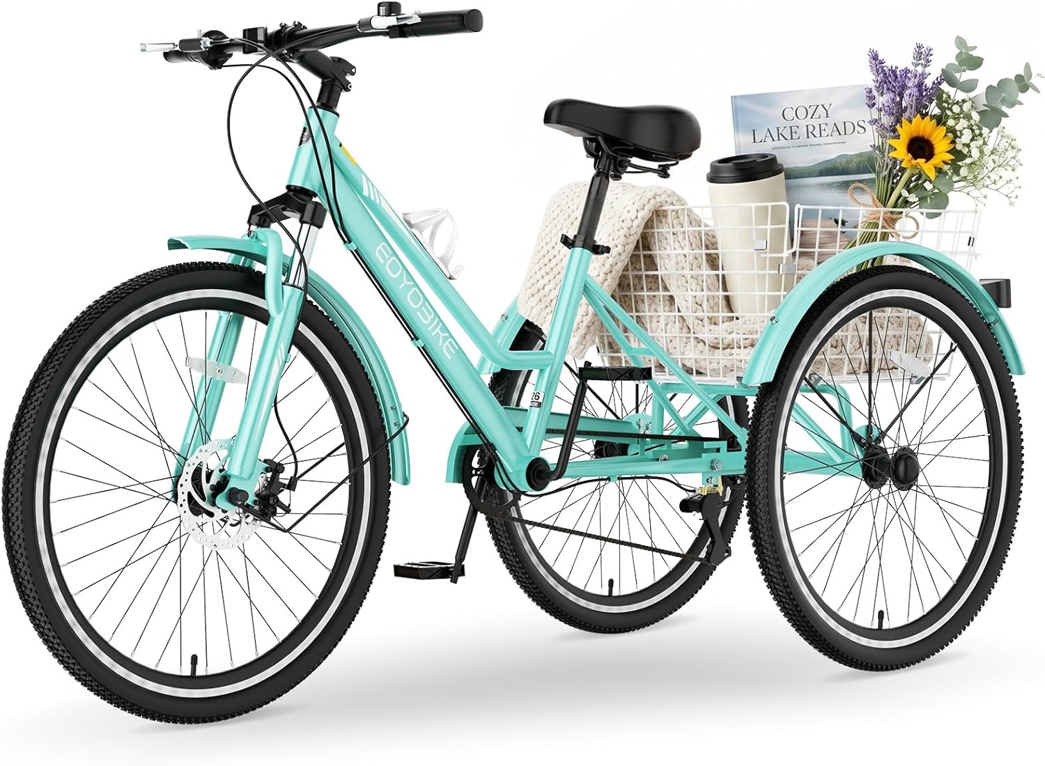 MOPHOTO Adult Mountain Tricycle, 7-Speed 3 Wheel Mountain Bike for Adults, 24/26/27.5 Inch Cruiser Trike with Front Disc Brake, Front Suspension Fork, Rear Cargo Basket, 350lbs Capacity, Men & Women