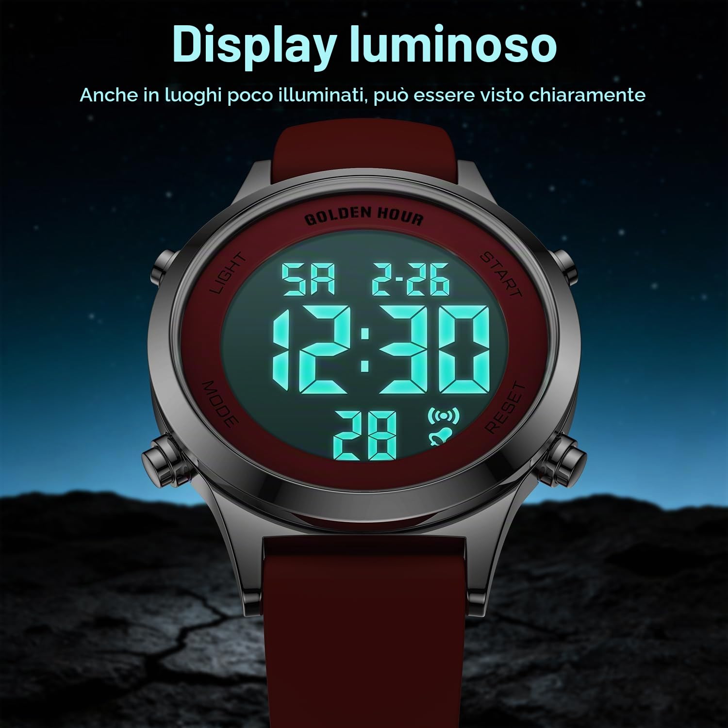 GOLDEN HOUR Orologi digitali da donna impermeabili con cinturino in silicone, cronografo da 32 mm