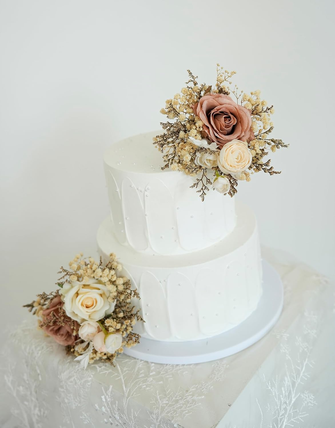 A Set of Two Wedding Cake Topper,Artificial flowers,White and light brown pampas,Grey Blue,Cake Decoration, Wedding cake arrangement