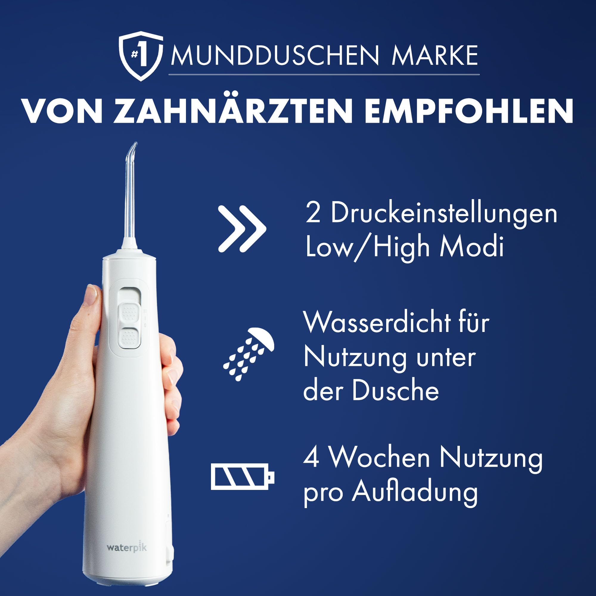 Waterpik Pulse Munddusche kabellos, Professionelle 99,9% Plaque Entfernung, 2x Intensitätsmodi, Zahnzwischenraumreiniger, 45 Sekunden Wassertankkapazität, 2x Aufsätze enthalten, weiß