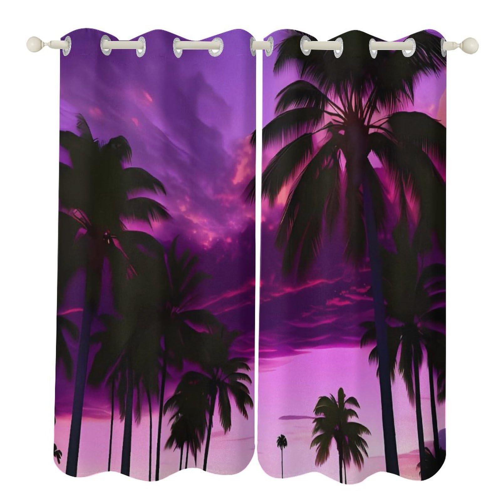 Rideau occultant thermique motif palmier violet 132x213 cm salon salle de bain