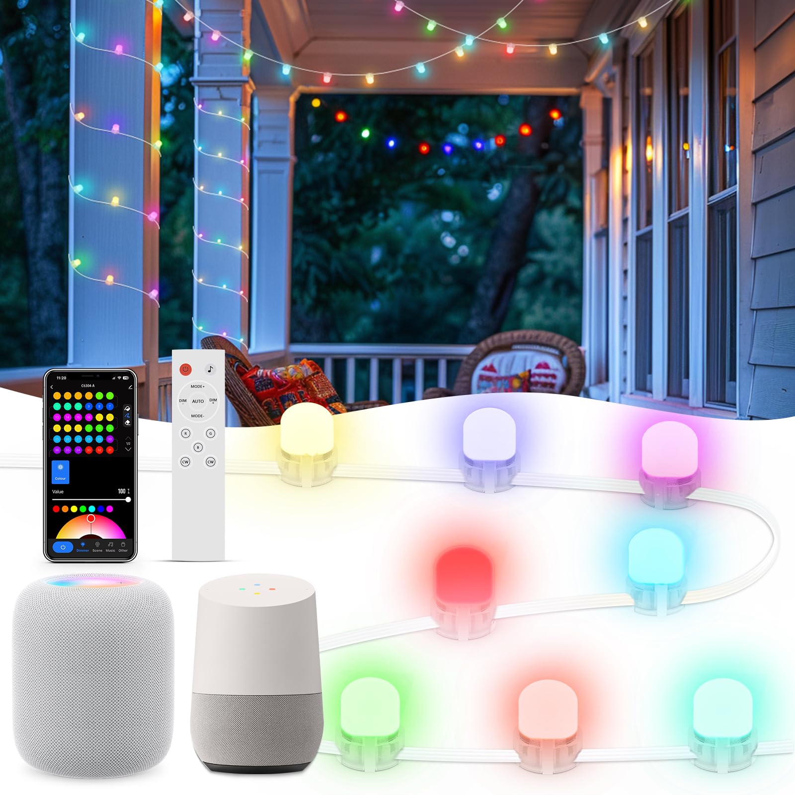 Smart RGB+IC Permanent String Lights Indoor and outdoor 76ft 200 LEDs Music Sync 110+ Scene Modes IP65 Waterproof With Alexa & Google Compatibility For Parties Holidays Everyday Ambiance Christmas