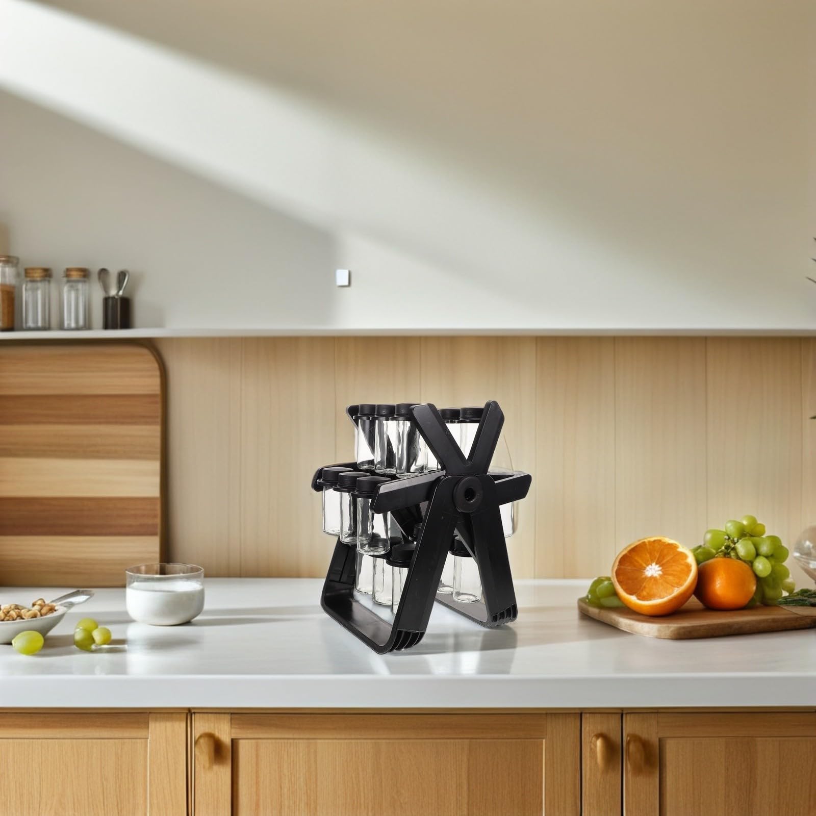 Especiero Giratorio para Cocina con Frascos de Vidrio Transparentes y Tapas Herméticas, Soporte de Plástico con Diseño de Rueda Fortuna para Organizar Condimentos