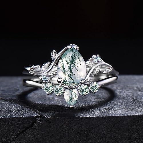 Miniatura 7 de Teardrop Natural Moss Agate Engagement Ring 1.25ct Pear Nature Inspired Wedding Ring Green Aquatic Agate Bridal Set Leaf Vine Branch Alexandrite