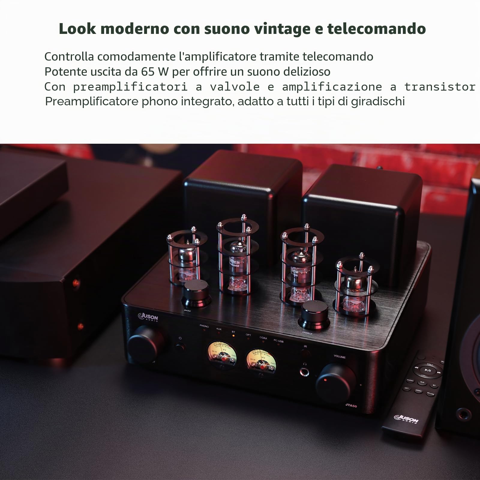 JTA50 2025 Amplificatore a Tubi 130 W Hi-Fi di Fascia Bassa con BT 5.0, Telecomando, AUX, Coassiale, Phono e Ingresso USB, Uscita Subwoofer, Canale 2.1 per Giradischi