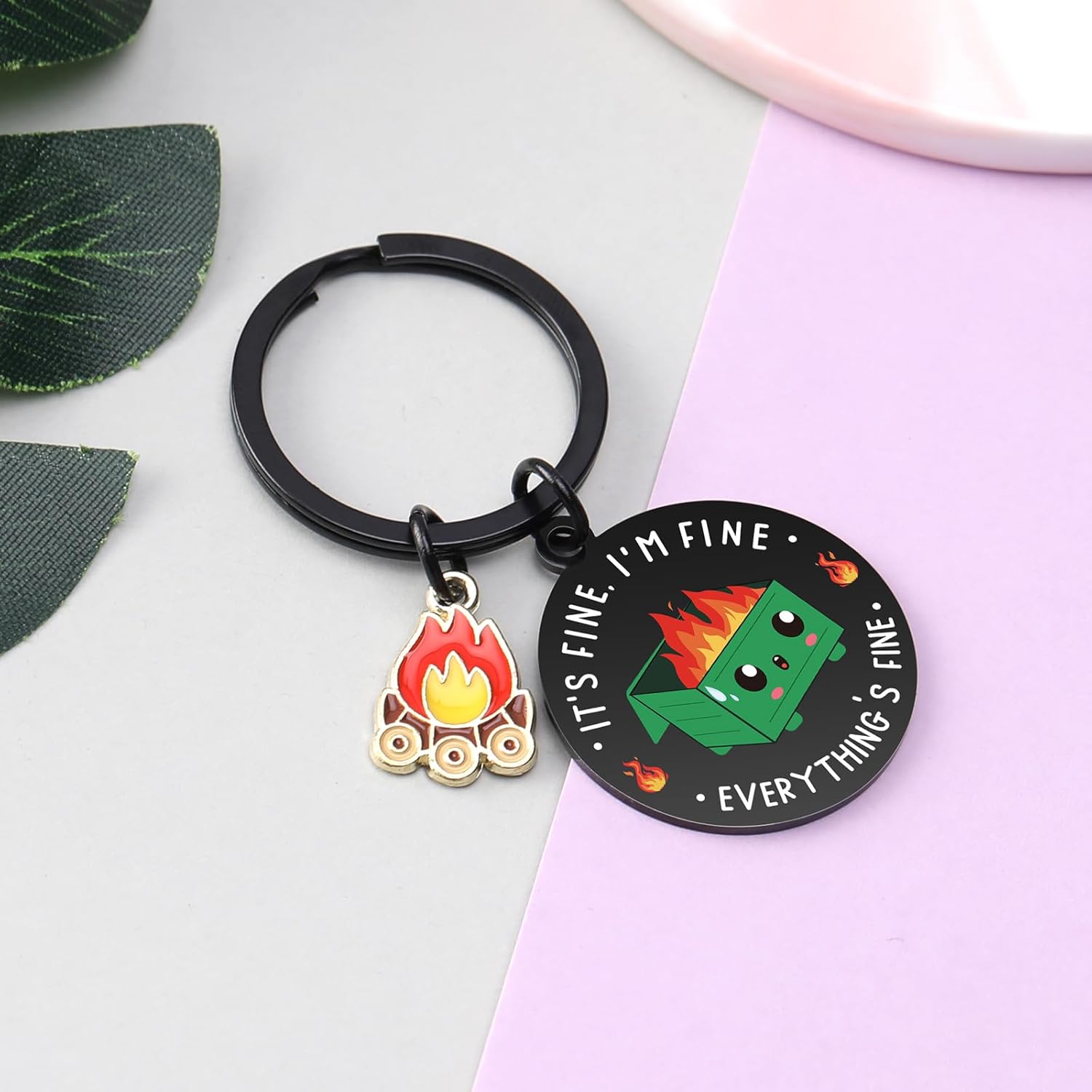 Dumpster Fire Funny Gift for Coworkers, Its Fine I'm Fine Everything Is Fine Office Keychain, White Eleplant Christmas Gifts for Men Women Bosses Leader Manager Supervisor - Image 3