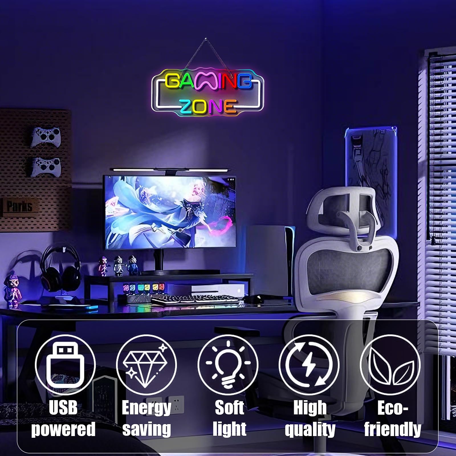Panneau néon Gaming Zone, Panneau néon Gaming Zone, Panneau néon LED pour Gaming à fixer au mur, Panneau néon Gamer pour salle de jeux, Panneau néon, Panneau néon cadeau pour joueurs adolescents