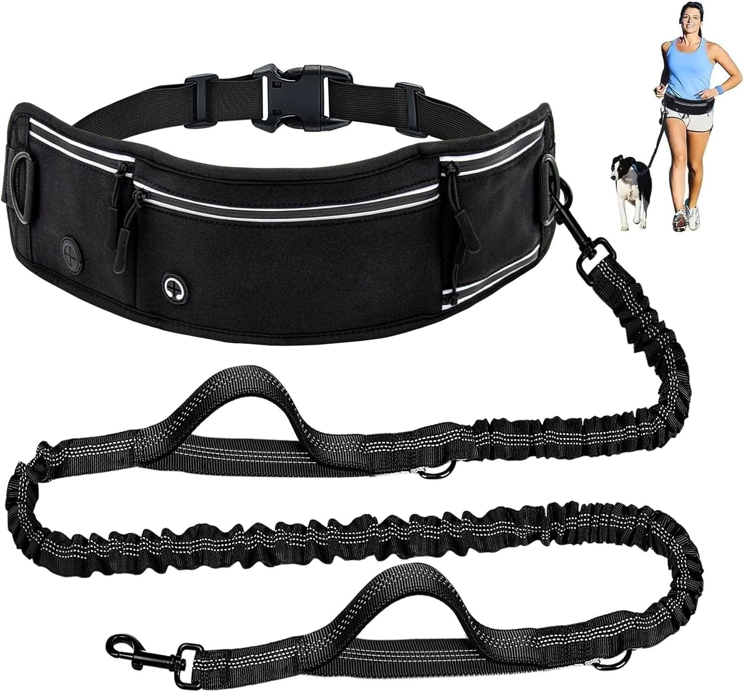 Skmeditec Hands Free Dog Leash with Waist Bag for Large Dog Walking, Shock Absorbing Bungee Leash with Zipper Pouch for Running, Dual Padded Handles & Adjustable Waist Belt