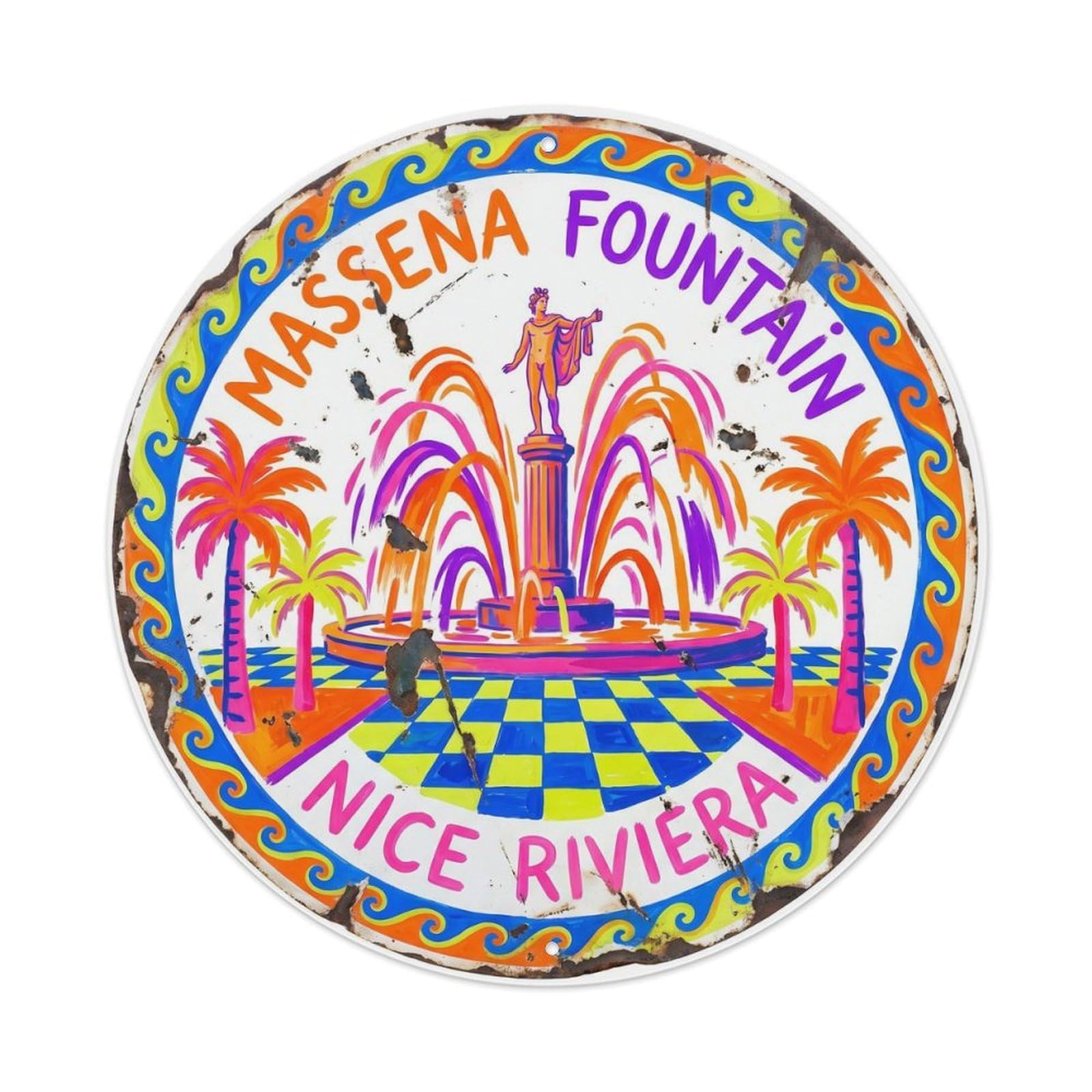 Vintage Travel Massena Fountain Nice Riviera Metal Tin Sign