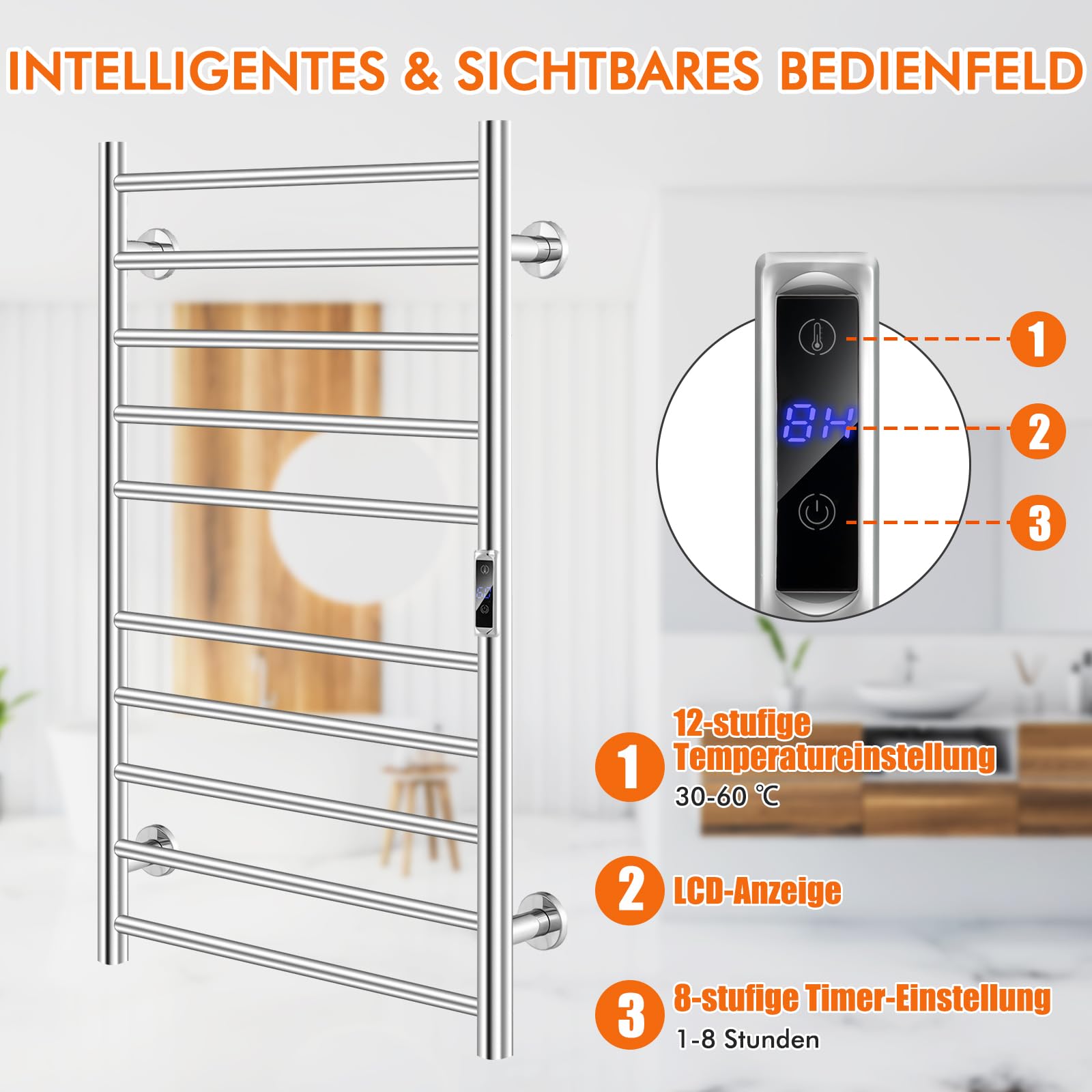 COSTWAY Handtuchwärmer Elektrisch 120W, Handtuchhalter Heizkörper, 15 Minuten bis 60℃, 8 Stunden Timer & Überhitzungsschutz, mit LED Display (Edelstahl 201, 53 cm x 11 cm x 86 cm)