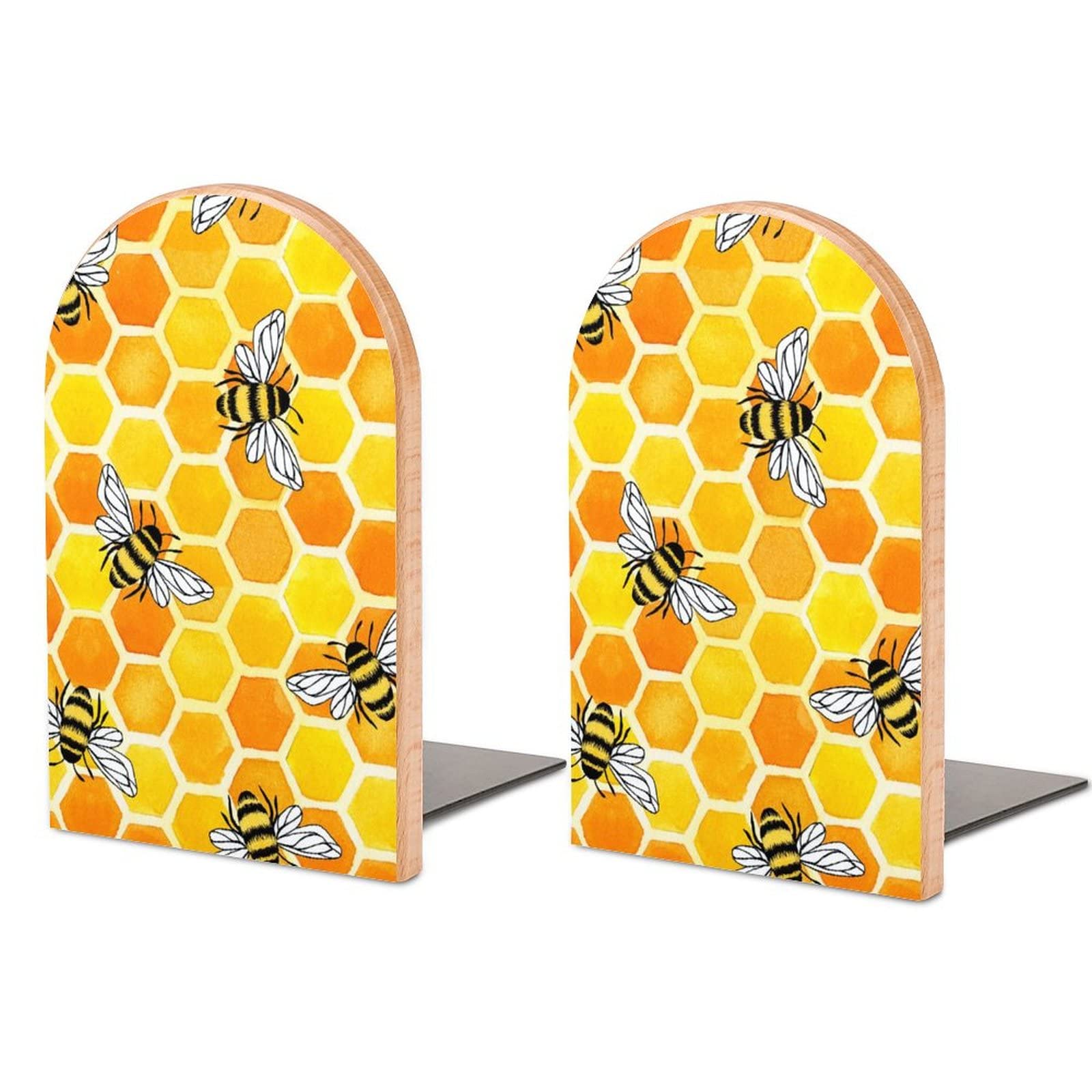 Niapessel Yellow Honeycomb And Bees Book Ends Bookends For Shelves To Hold Books Print Small Non-Slip Book Stoppers Wood Decorative Home Office Desk