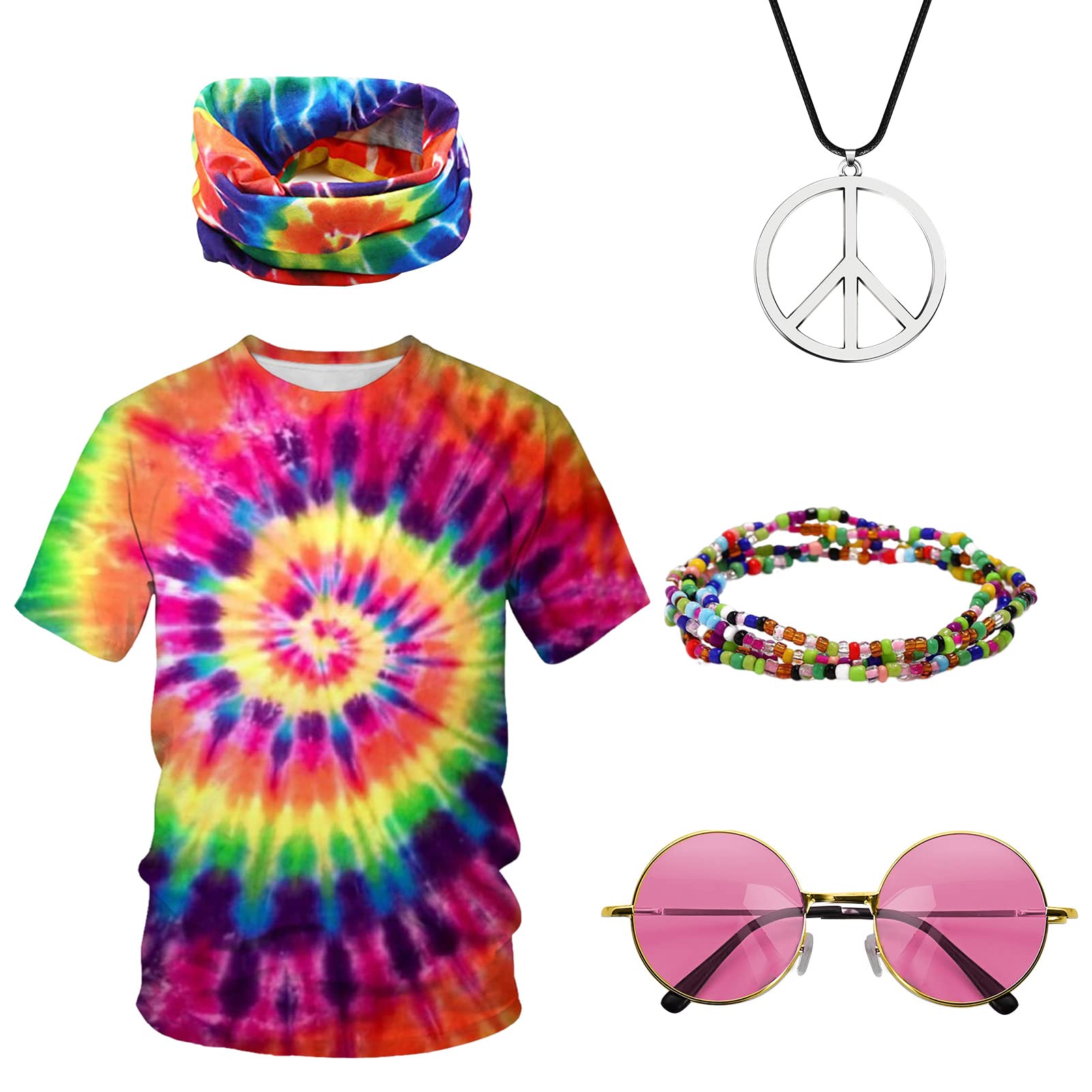 5 Pieces Hippie Costume Man Woman Costumes 70s T-Shirt Headband Necklace with Peace Symbol Retro Disco Carnival Party Halloween