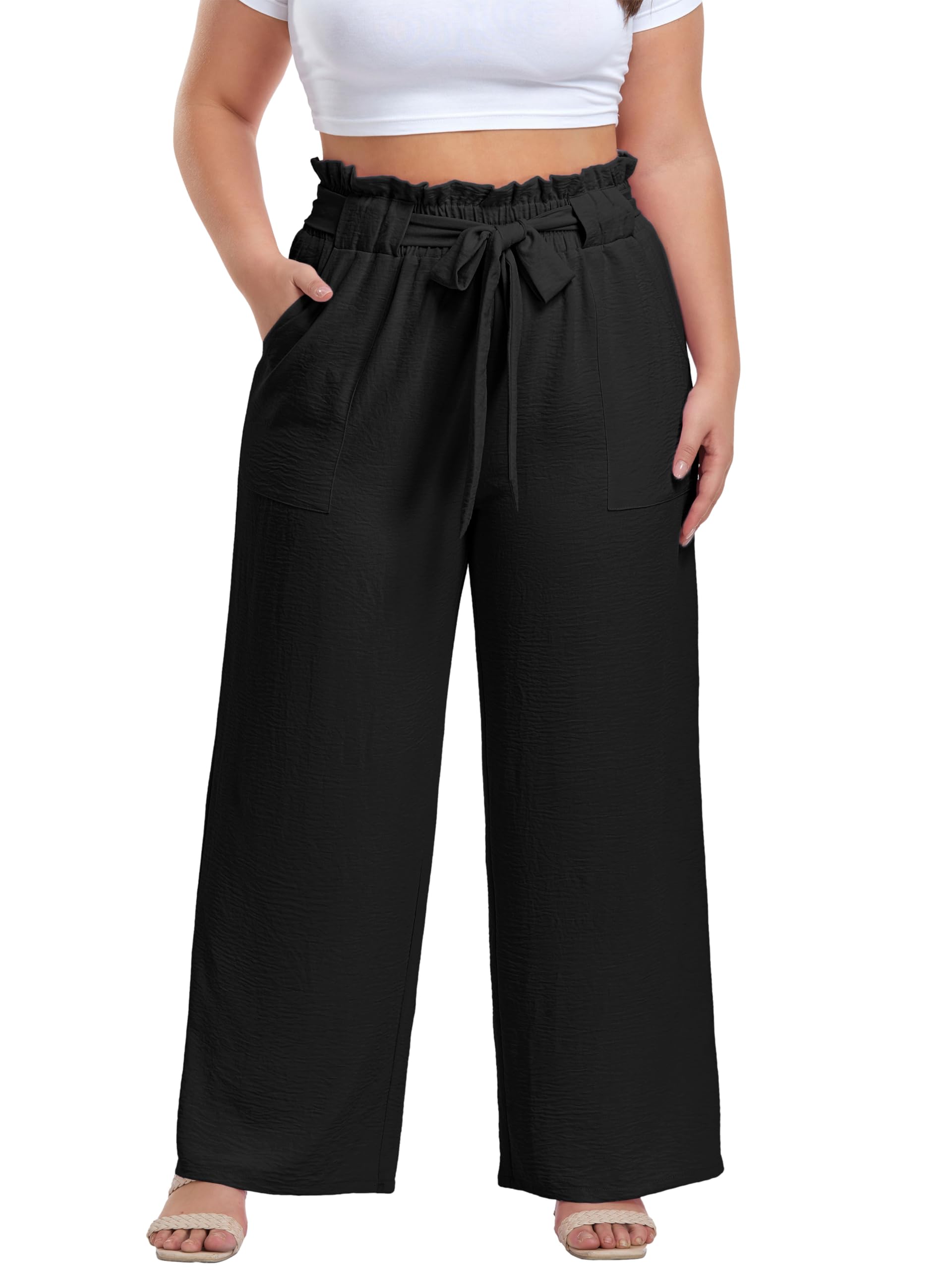 Women's Plus Size Pants Adjustable High Waist Wide Leg Palazzo Casual Trousers with Pockets Spring Clothes