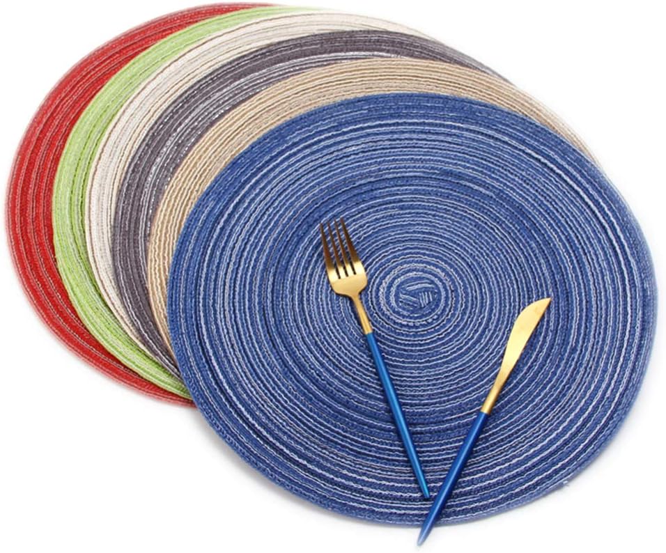 MeGaLuv Round Table Placemats Set of 6 Colors, Washable Round Placemat 14 inch Cotton Table Mats Decorative for Holiday Party