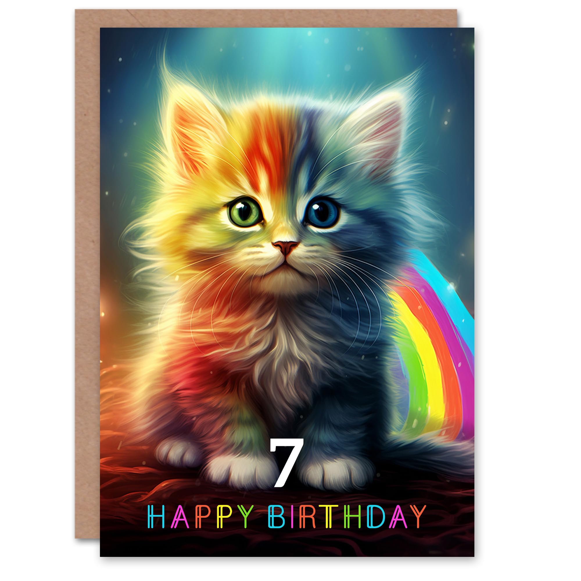 Artery8 7th Birthday Greeting Card Kids Cute Rainbow Kitten Age 7 Year Old Child