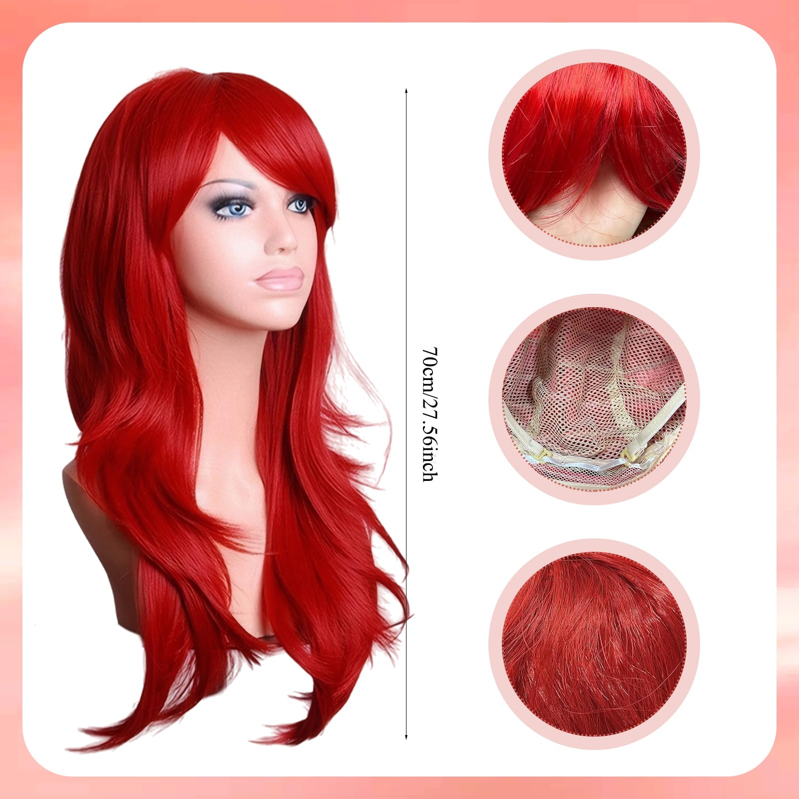 Red Long Wavy Curly Wig for Women Natural Curly Heat Resistant Synthetic Hair Replacement Perfect for Cosplay Halloween Fancy Dress&Daily Wear 27 Inch Includes 1 Lace Necklace - Image 2