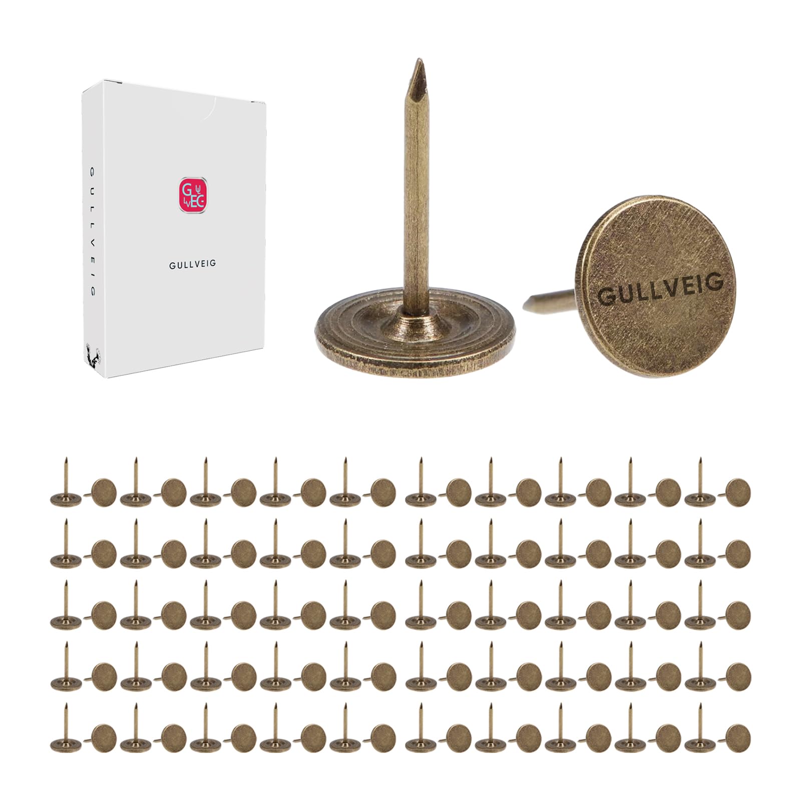 Gullveig Bronze Push Pins - 100 Piece Set in Elegant Metallic Finish - Durable Metal Thumb Tacks, Reusable Paper Box - Perfect for Home, Office, and