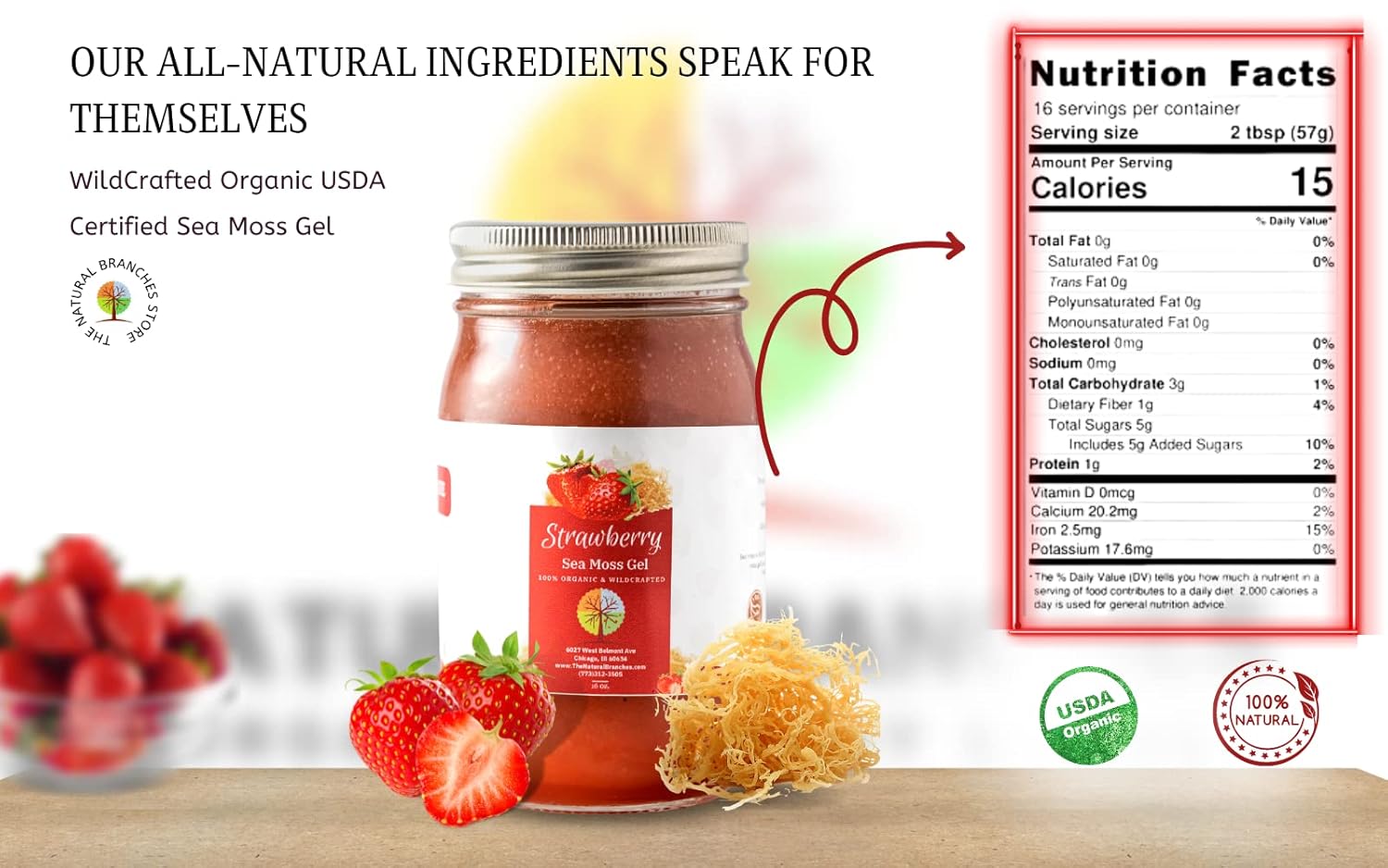 Organic Strawberry Sea Moss Gel with Elderberry 16 oz - All Natural & Certified USDA Organic Seamoss Gel - Wildcrafted Saint Lucia Sea Moss Gel - Fruit Flavored Sea Moss Gel - Made in the USA